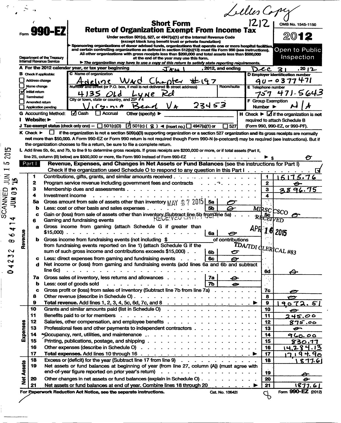 Image of first page of 2012 Form 990EO for Grand Order of the Eastern Star of Virginia Pha - 197 Adeline Ward Chapter