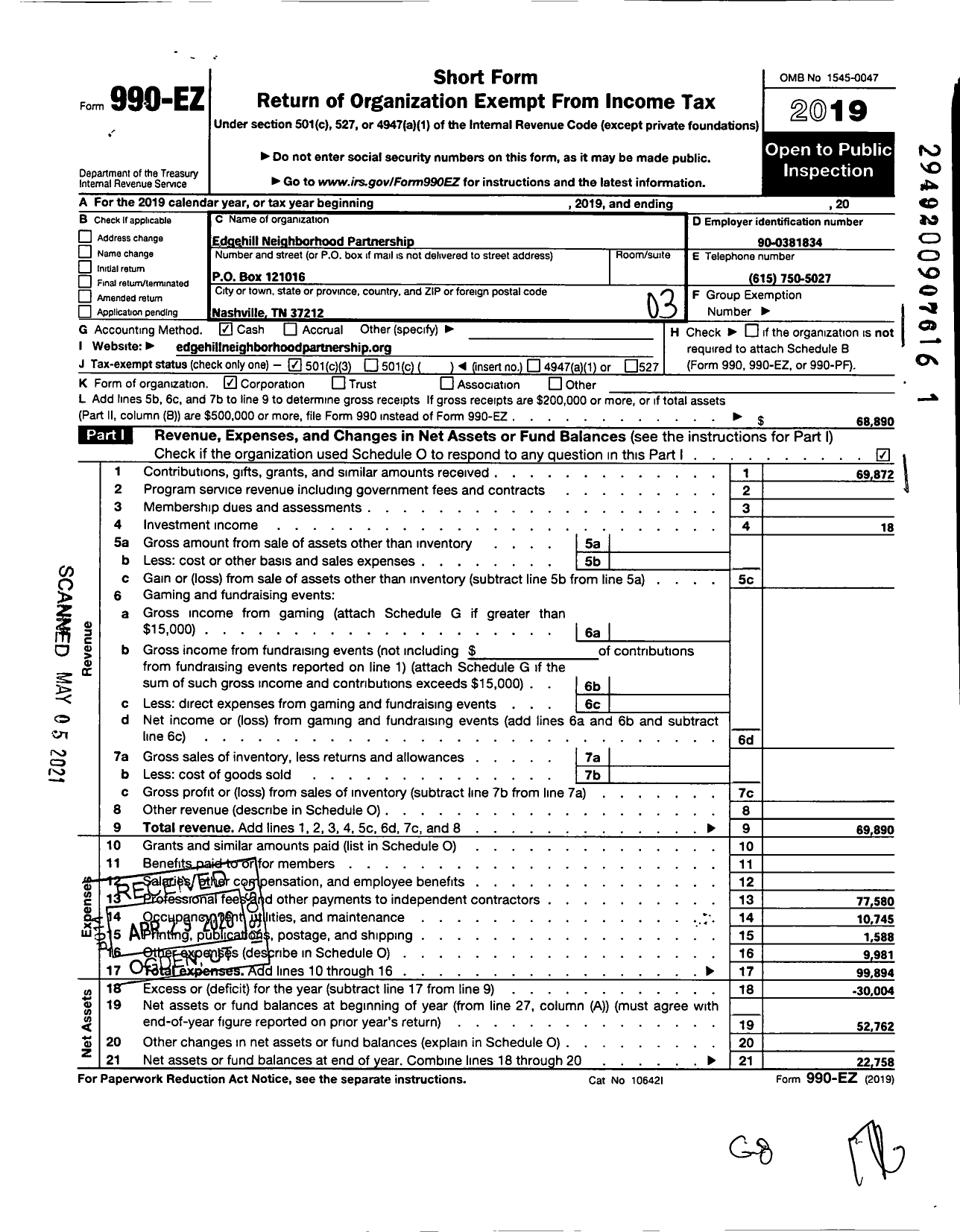 Image of first page of 2019 Form 990EZ for Edgehill Neighborhood Partnership