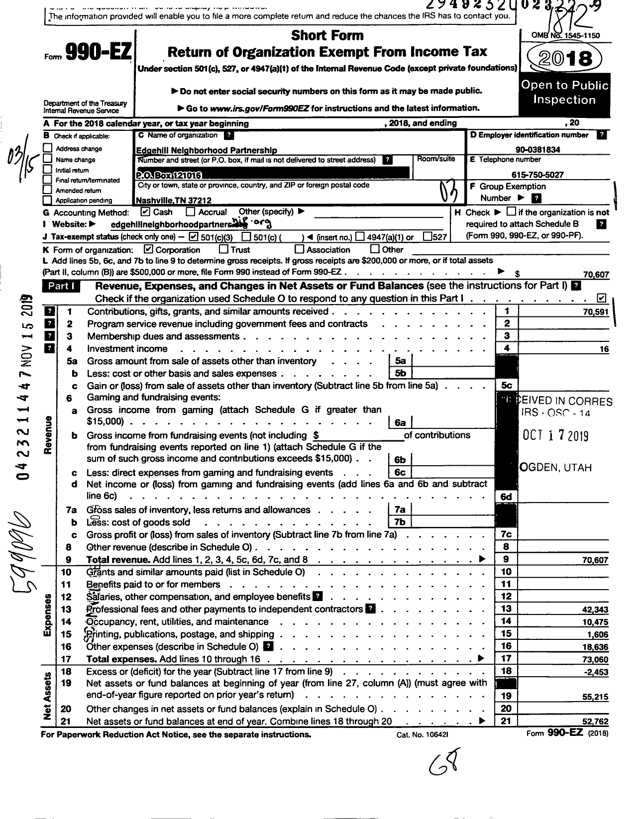 Image of first page of 2018 Form 990EZ for Edgehill Neighborhood Partnership