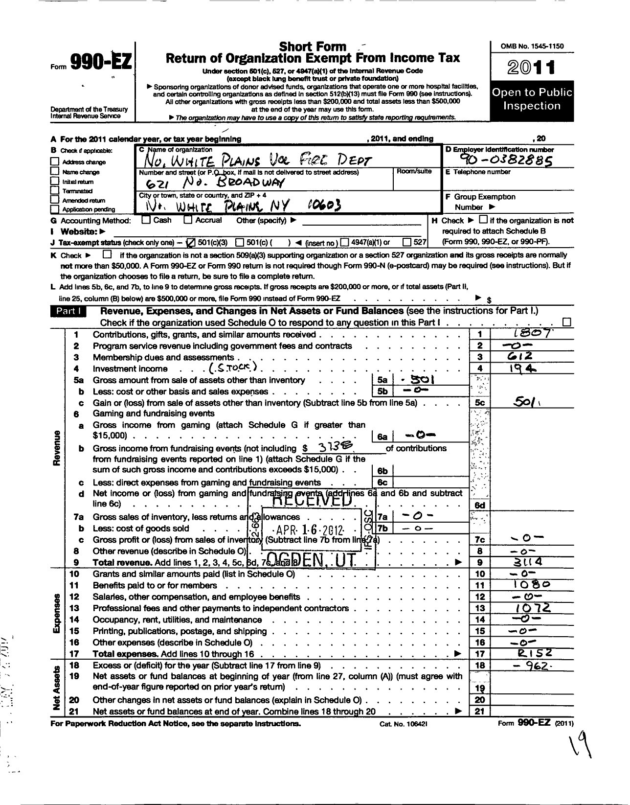 Image of first page of 2011 Form 990EZ for North White Plains Fire No 1