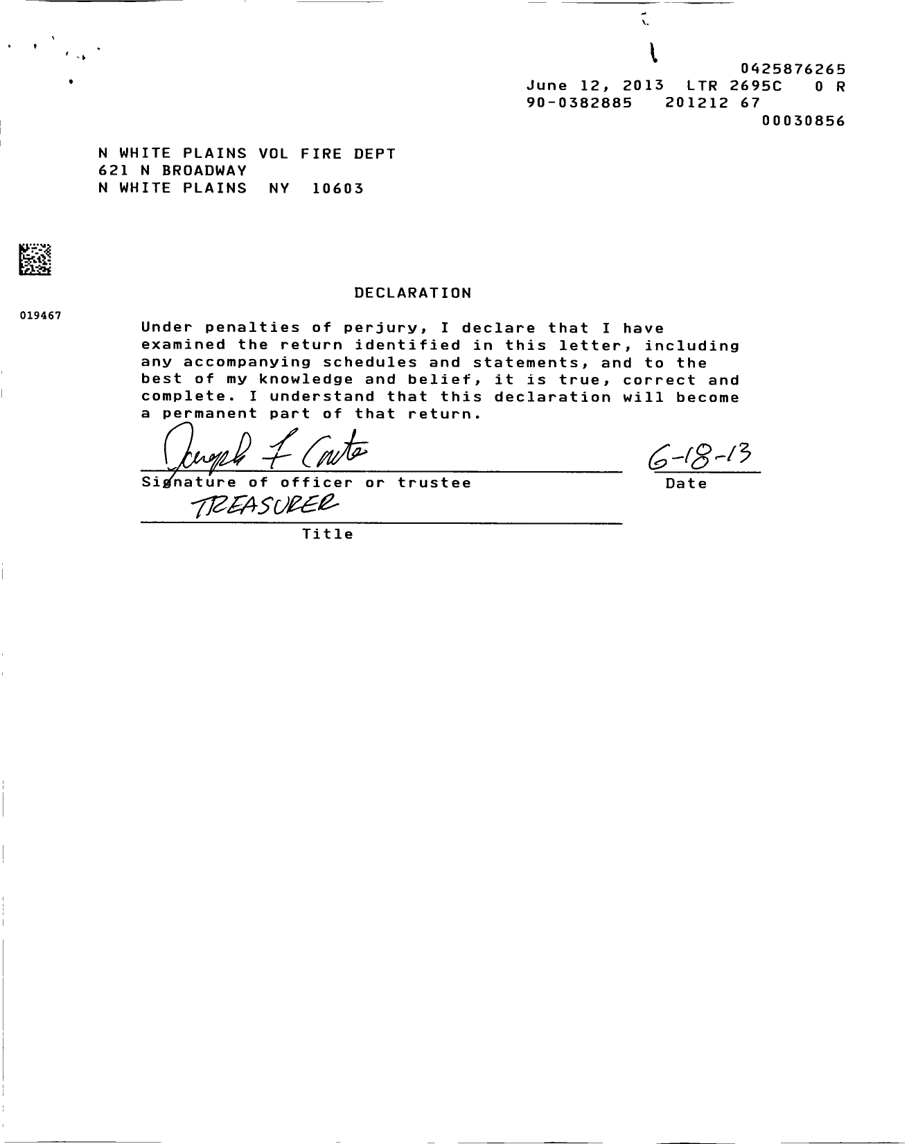 Image of first page of 2012 Form 990EOR for North White Plains Fire No 1