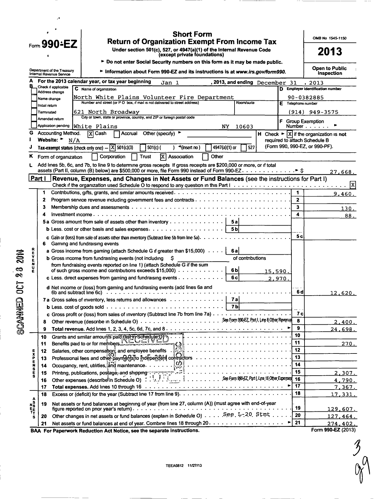 Image of first page of 2013 Form 990EZ for North White Plains Fire No 1