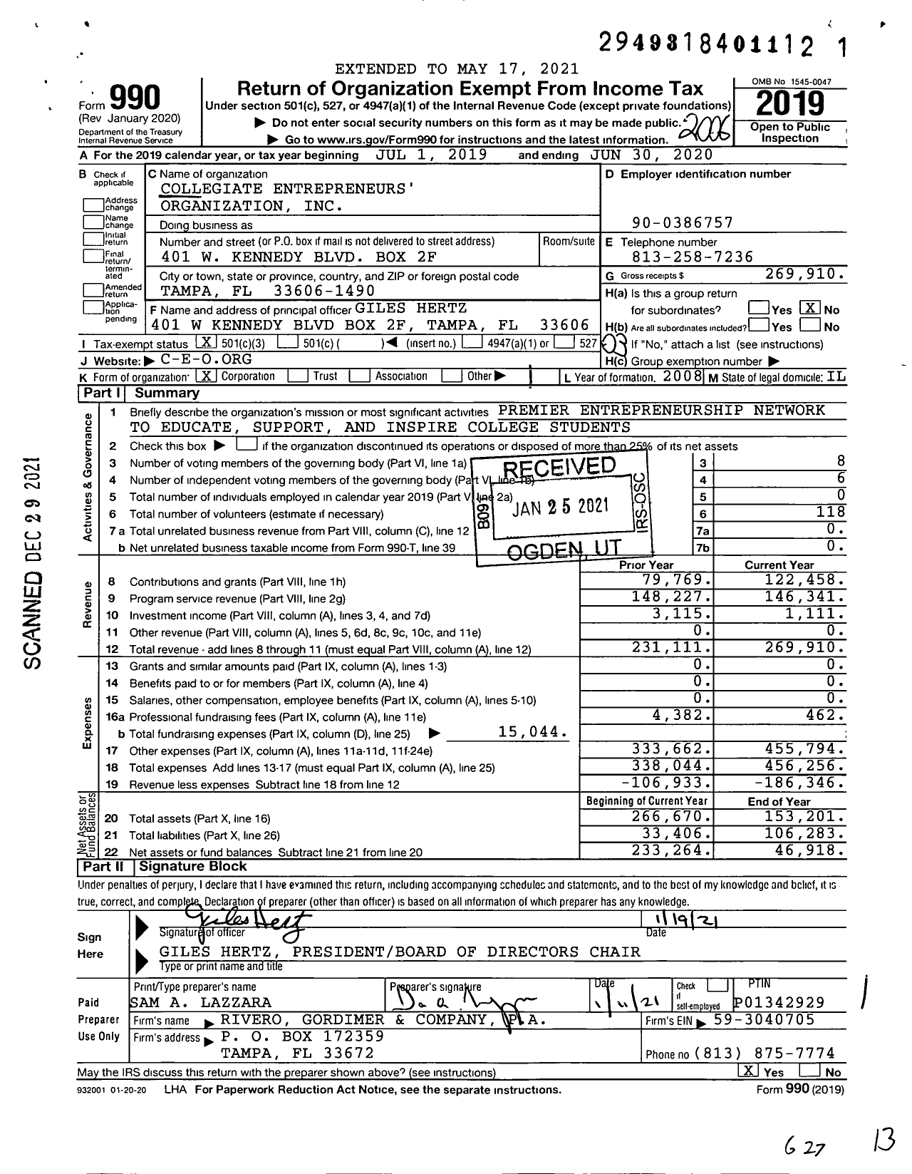 Image of first page of 2019 Form 990 for Collegiate Entrepreneurs' Organization