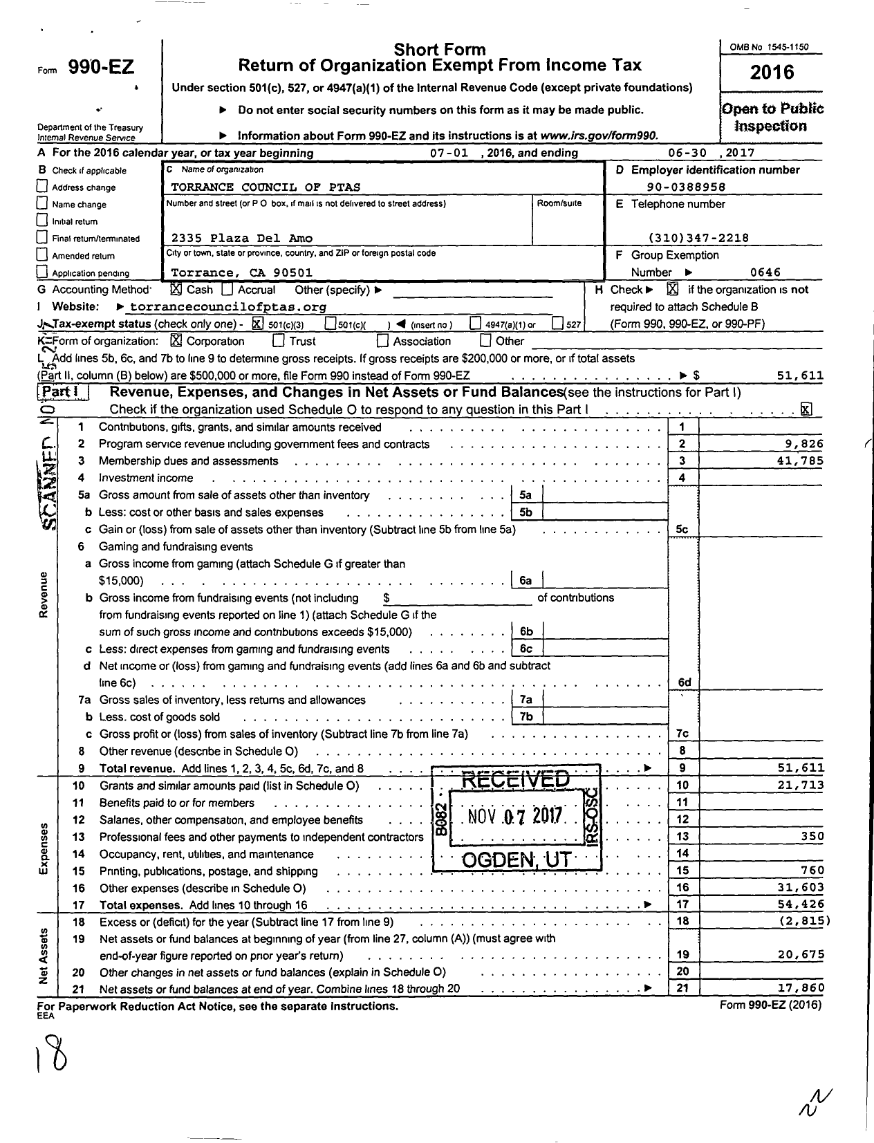 Image of first page of 2016 Form 990EZ for California State PTA - Torrance Council of Ptas