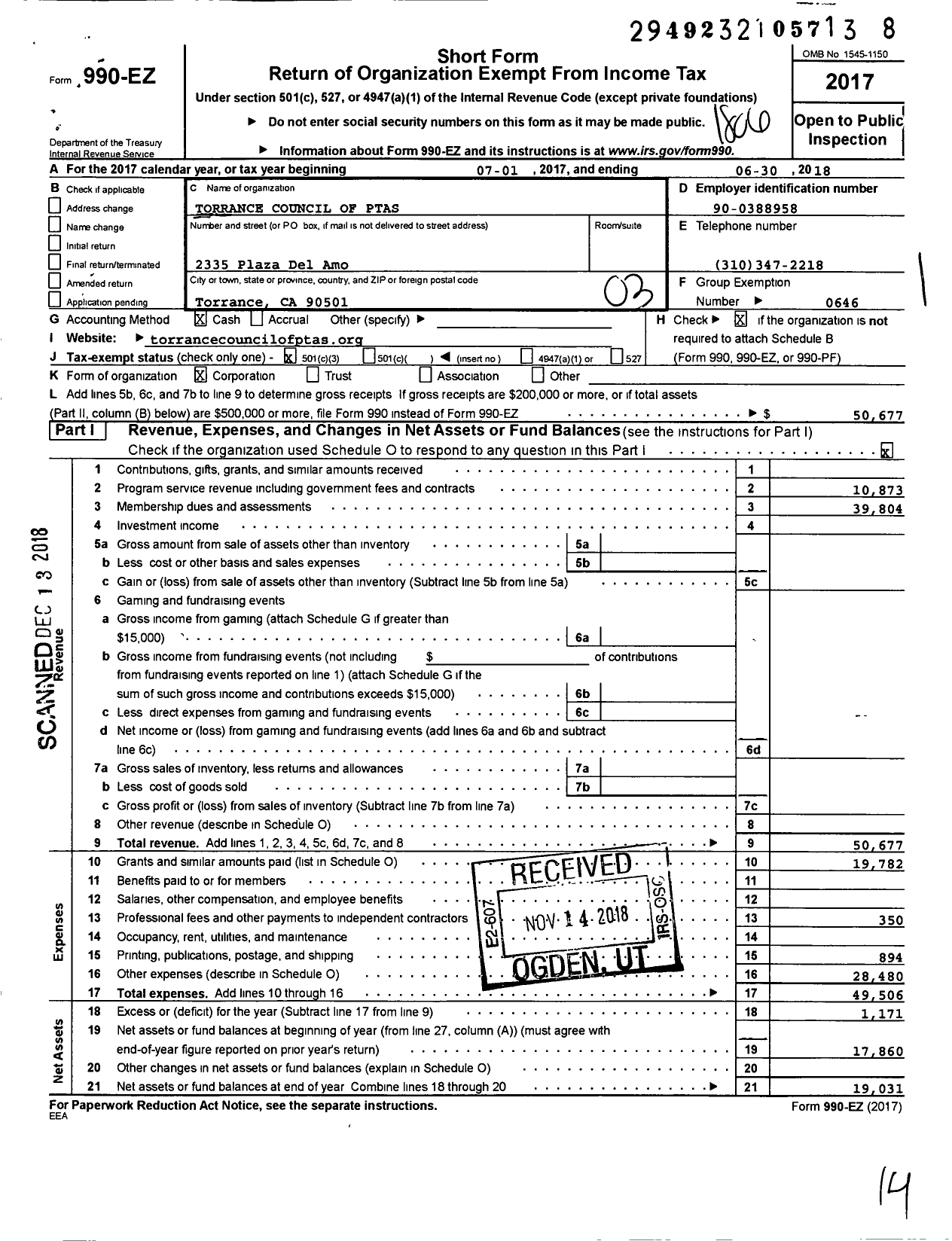 Image of first page of 2017 Form 990EZ for California State PTA - Torrance Council of Ptas