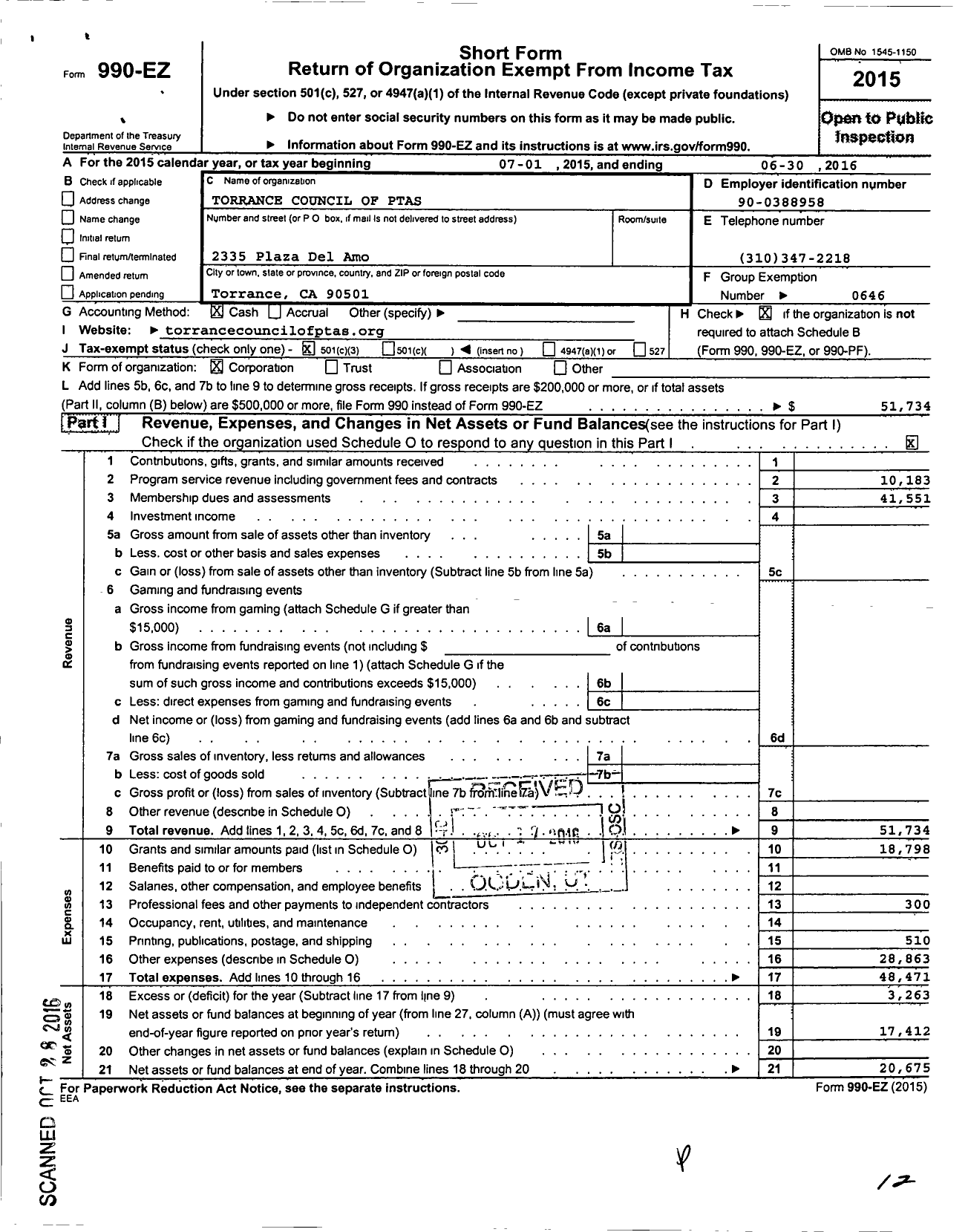 Image of first page of 2015 Form 990EZ for California State PTA - Torrance Council of Ptas