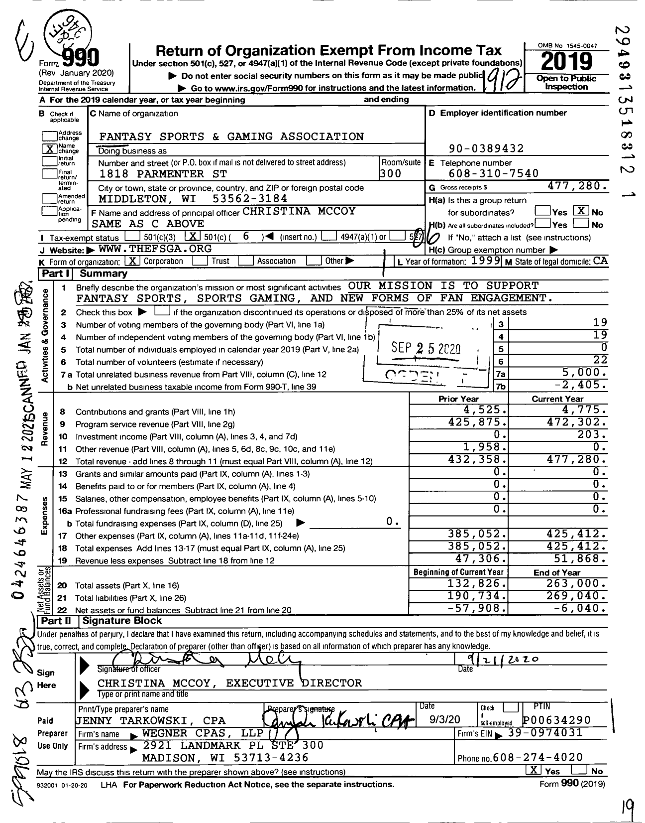 Image of first page of 2019 Form 990O for Fantasy Sports and Gaming Association