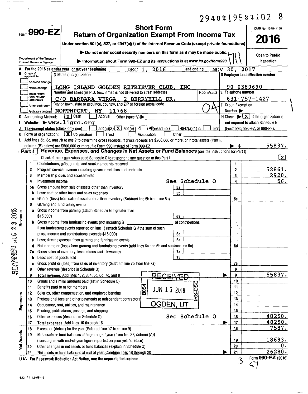 Image of first page of 2016 Form 990EO for Long Island Golden Retriever Club