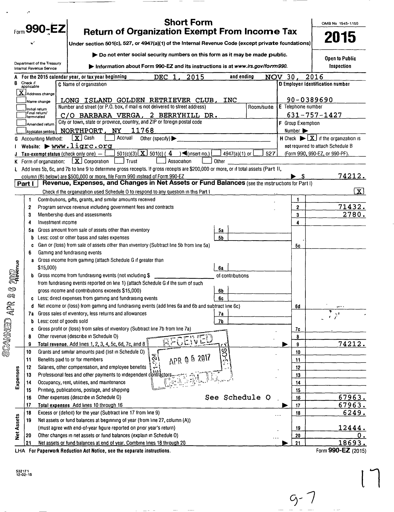 Image of first page of 2015 Form 990EO for Long Island Golden Retriever Club