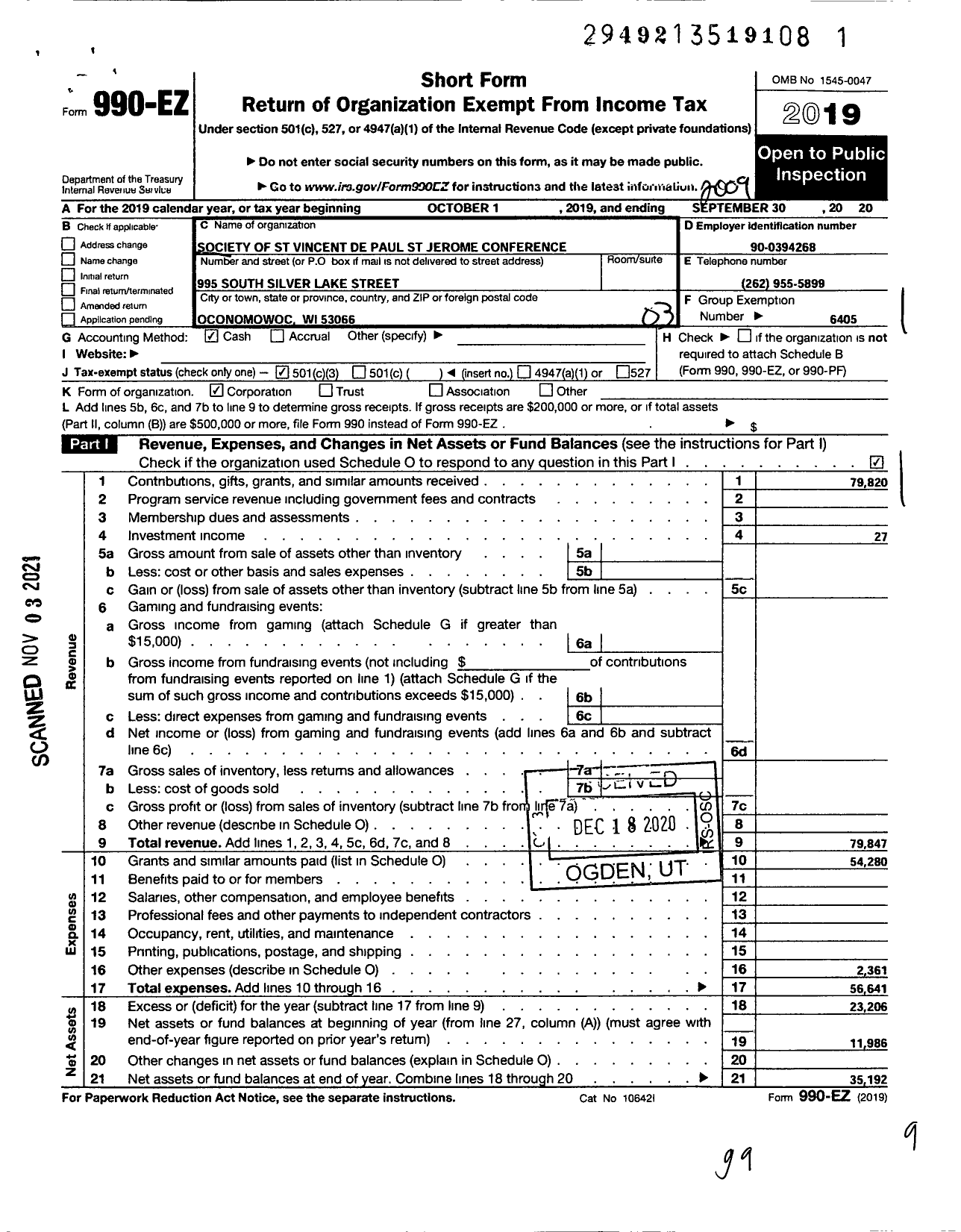 Image of first page of 2019 Form 990EZ for Society of St Vincent de Paul of Waukesha County / St Jerome