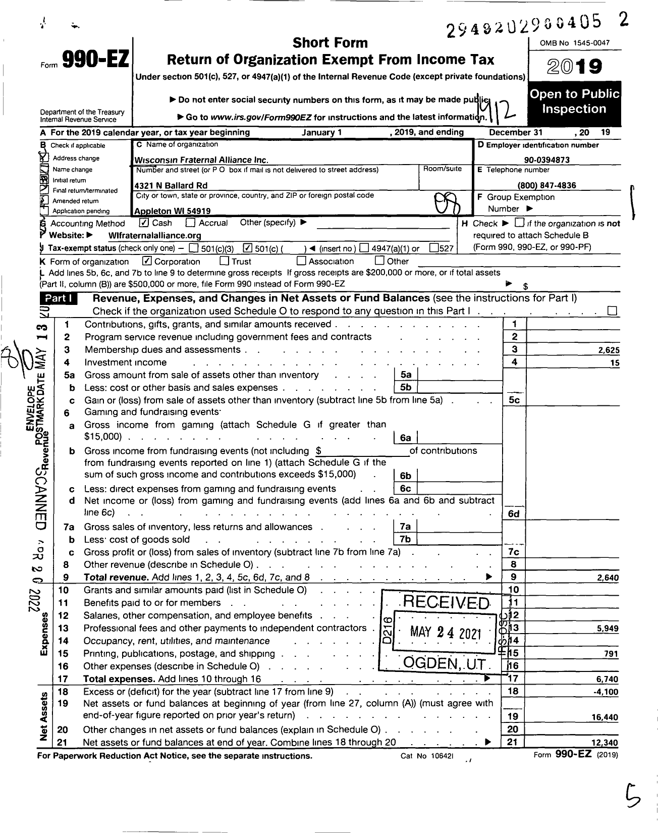 Image of first page of 2019 Form 990EO for Wisconsin Fraternal Alliance