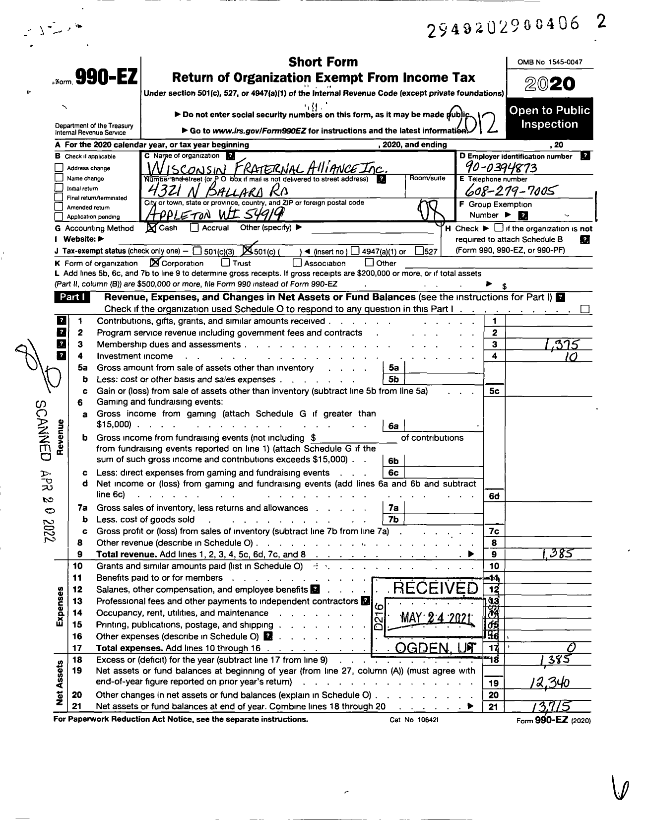 Image of first page of 2020 Form 990EO for Wisconsin Fraternal Alliance