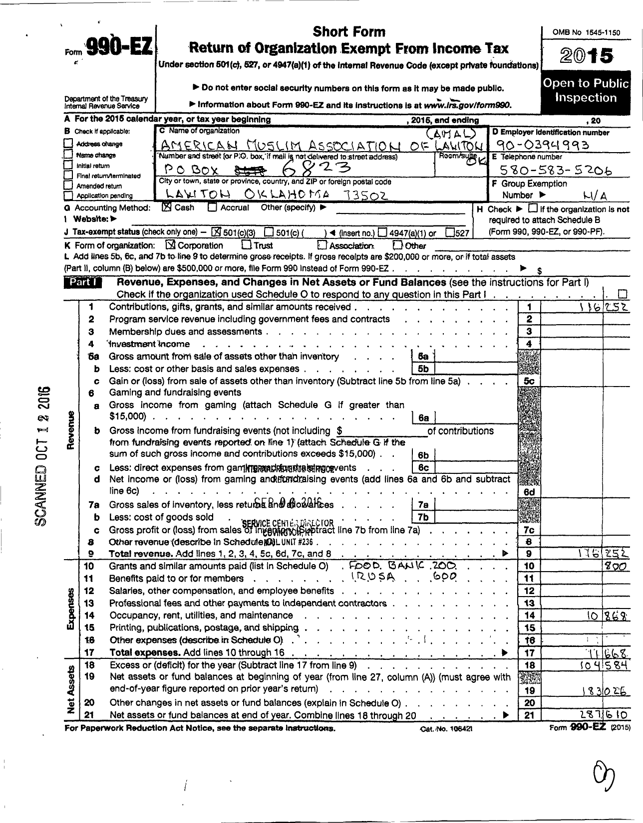 Image of first page of 2015 Form 990EZ for American Muslim Association of Lawton