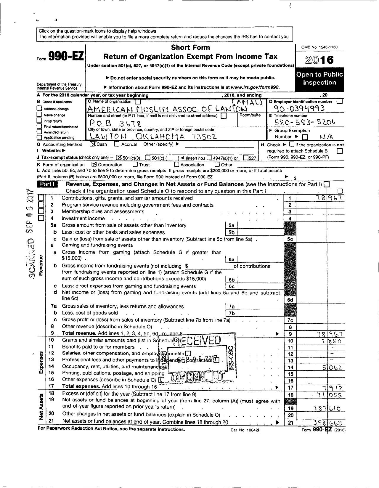 Image of first page of 2016 Form 990EZ for American Muslim Association of Lawton