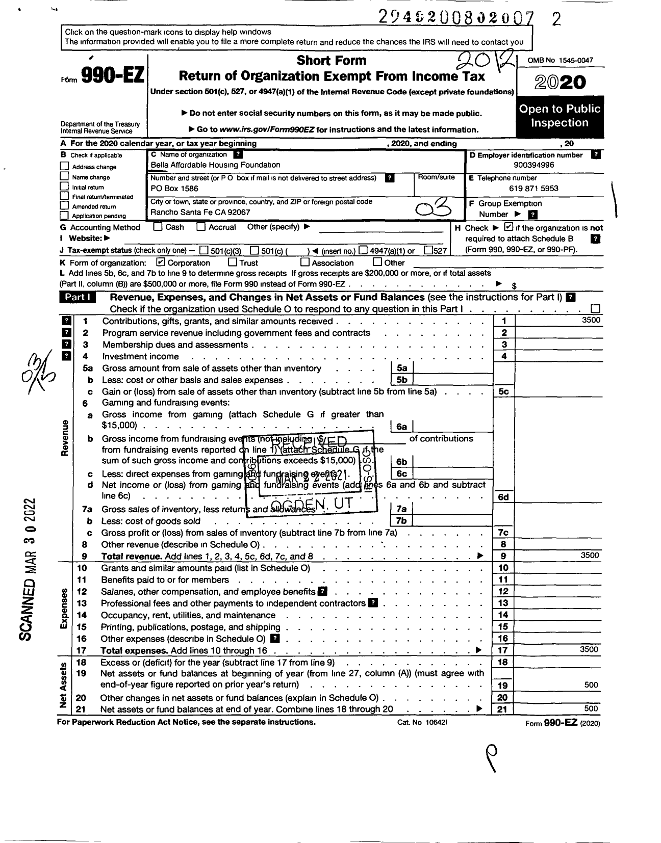 Image of first page of 2020 Form 990EZ for Bella Affordable Housing Foundation