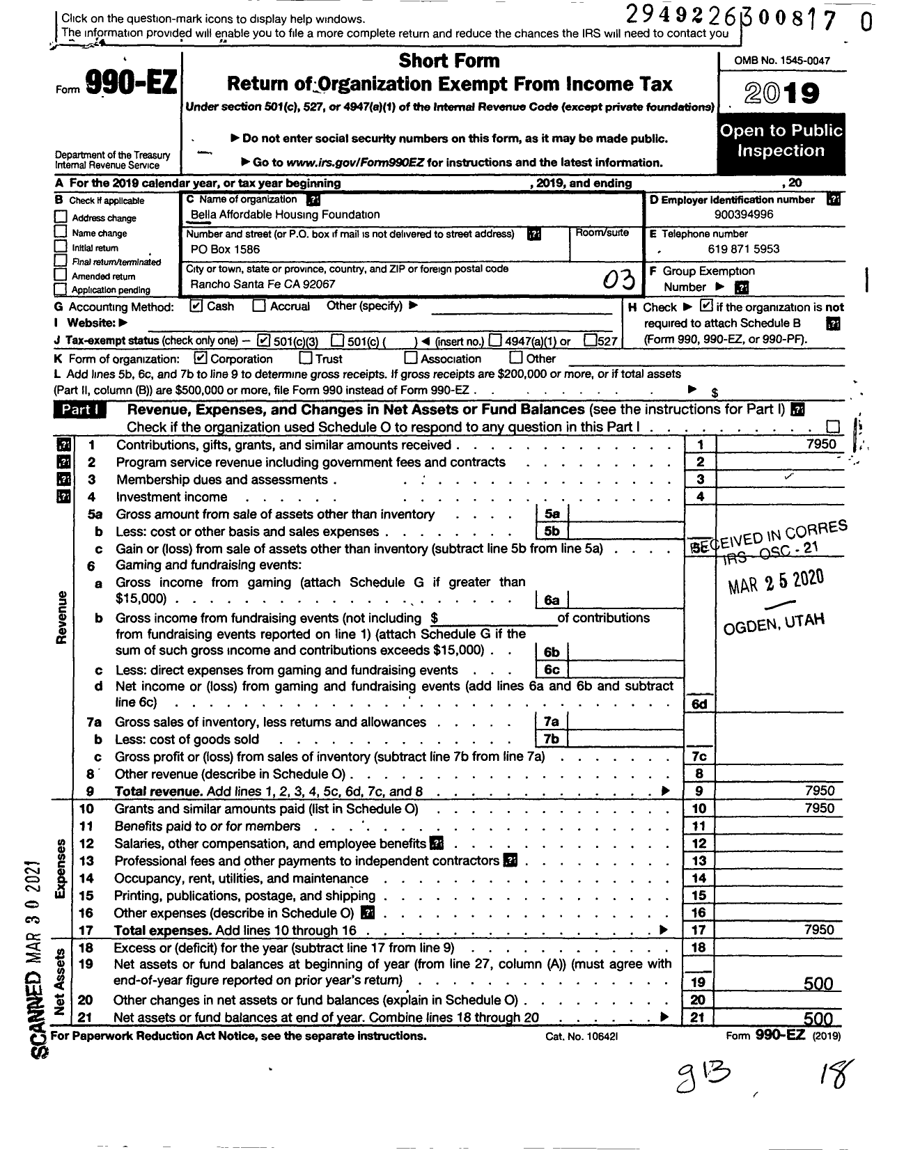 Image of first page of 2019 Form 990EZ for Bella Affordable Housing Foundation