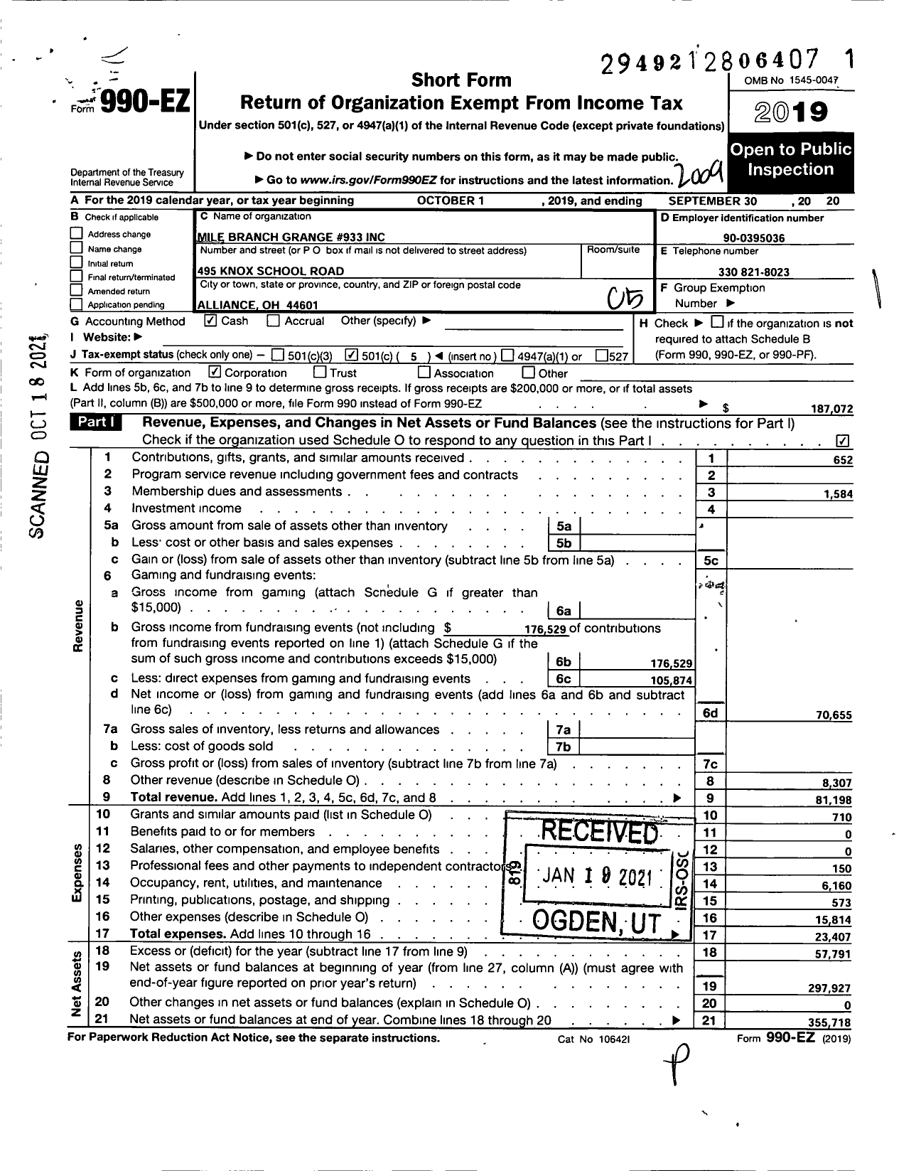 Image of first page of 2019 Form 990EO for Mile Branch Grange 933