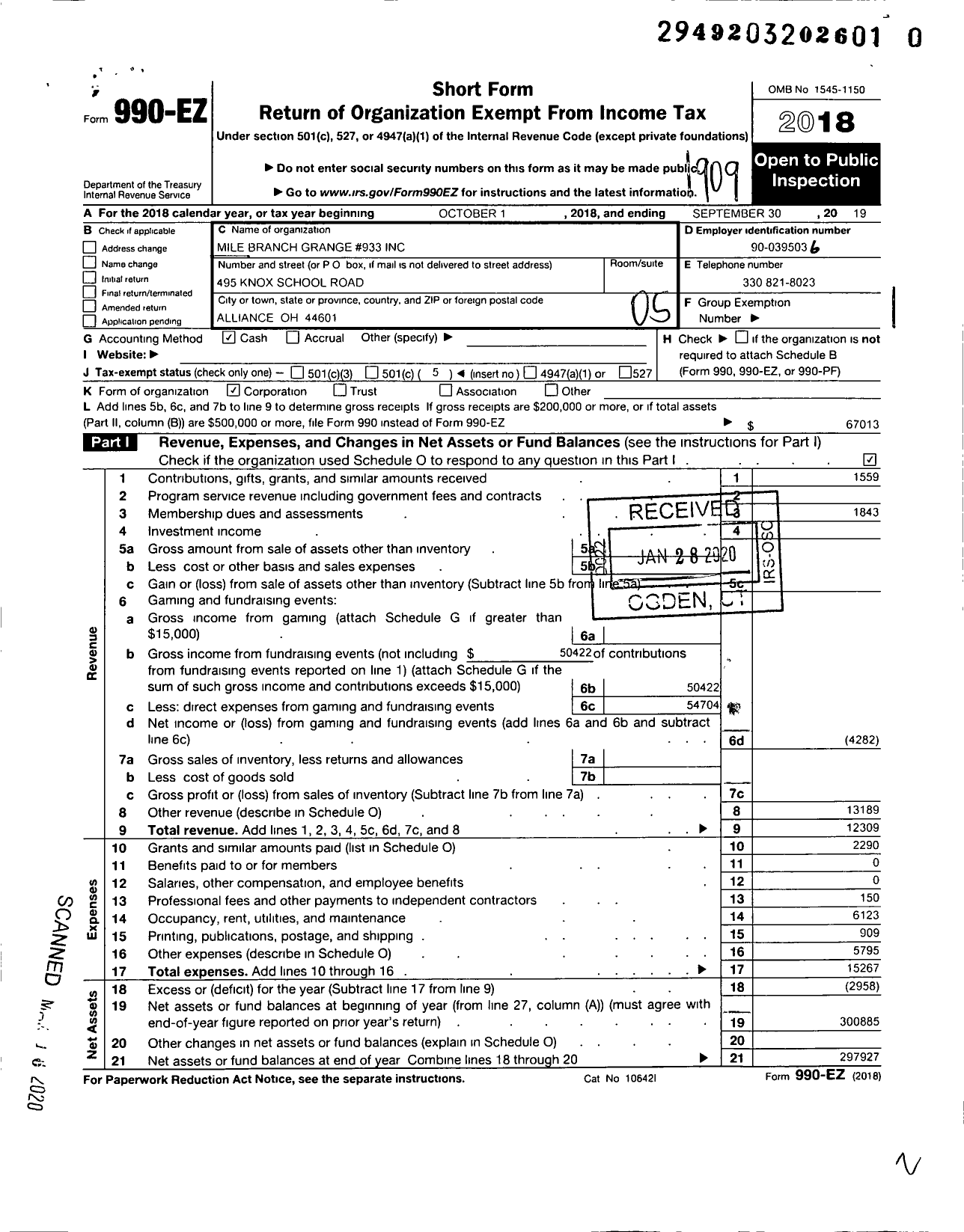 Image of first page of 2018 Form 990EO for Mile Branch Grange 933