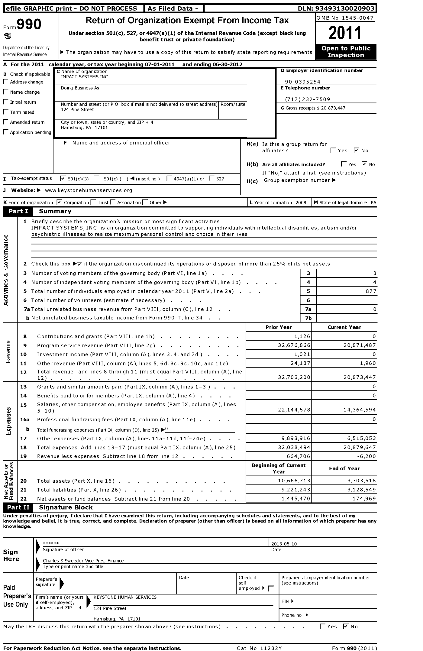 Image of first page of 2011 Form 990 for Impact Systems