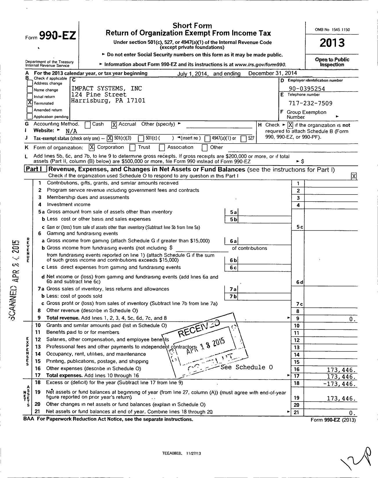 Image of first page of 2014 Form 990EZ for Impact Systems