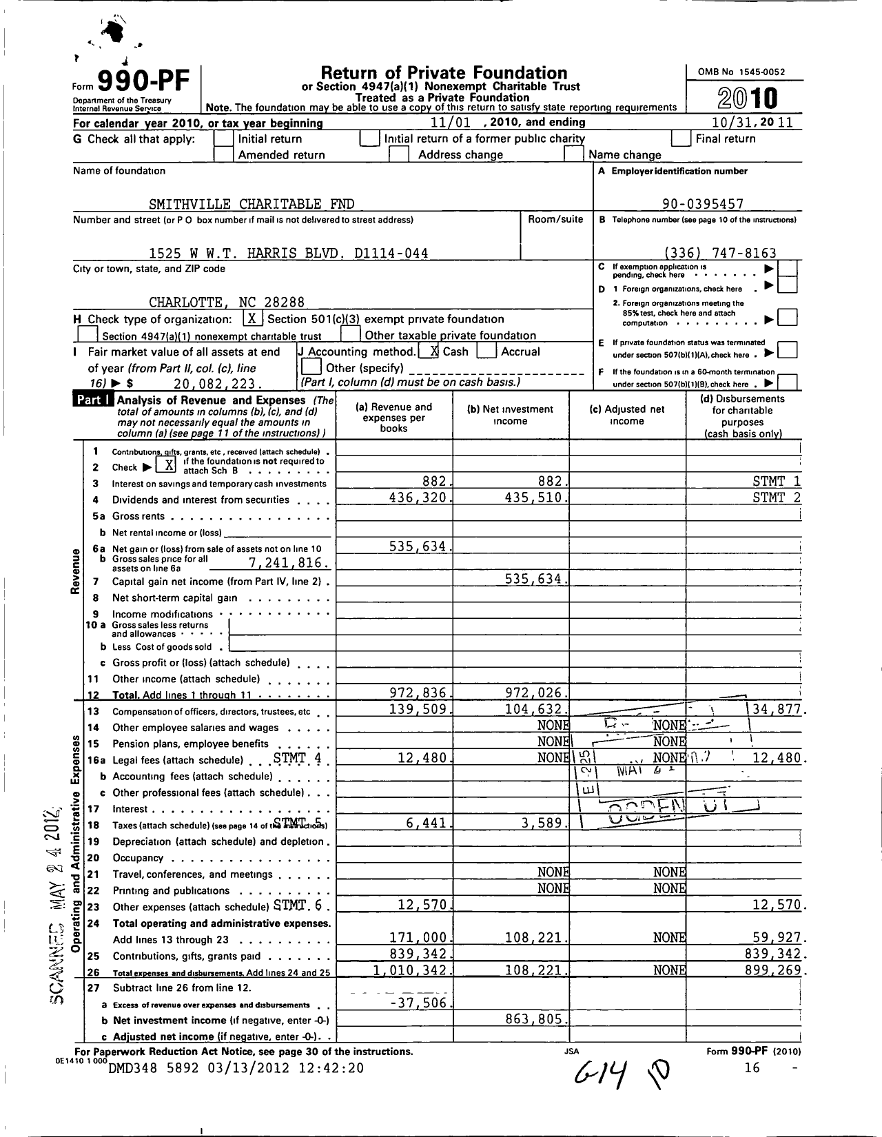 Image of first page of 2010 Form 990PF for Smithville Charitable Foundation