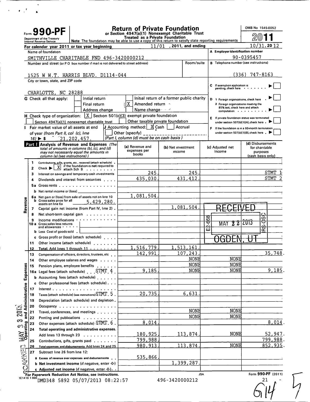 Image of first page of 2011 Form 990PF for Smithville Charitable Foundation