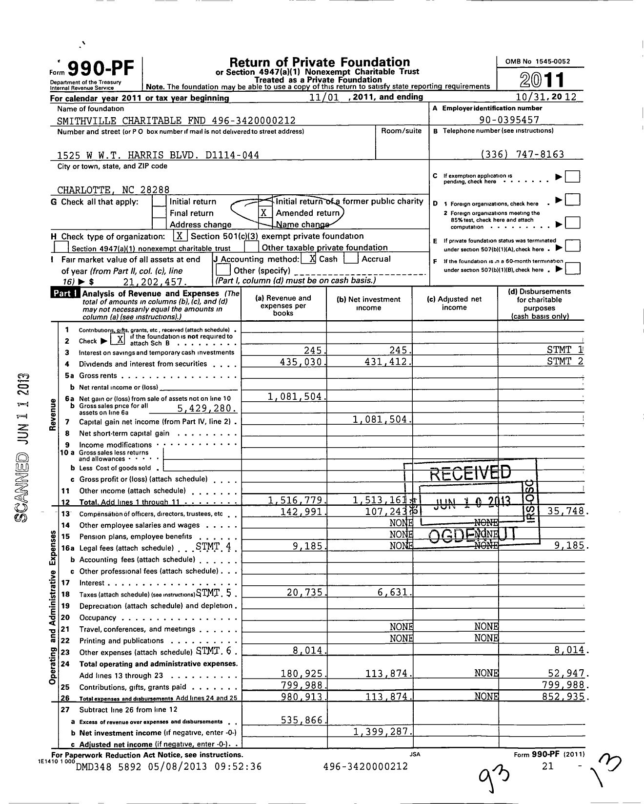 Image of first page of 2011 Form 990PF for Smithville Charitable Foundation