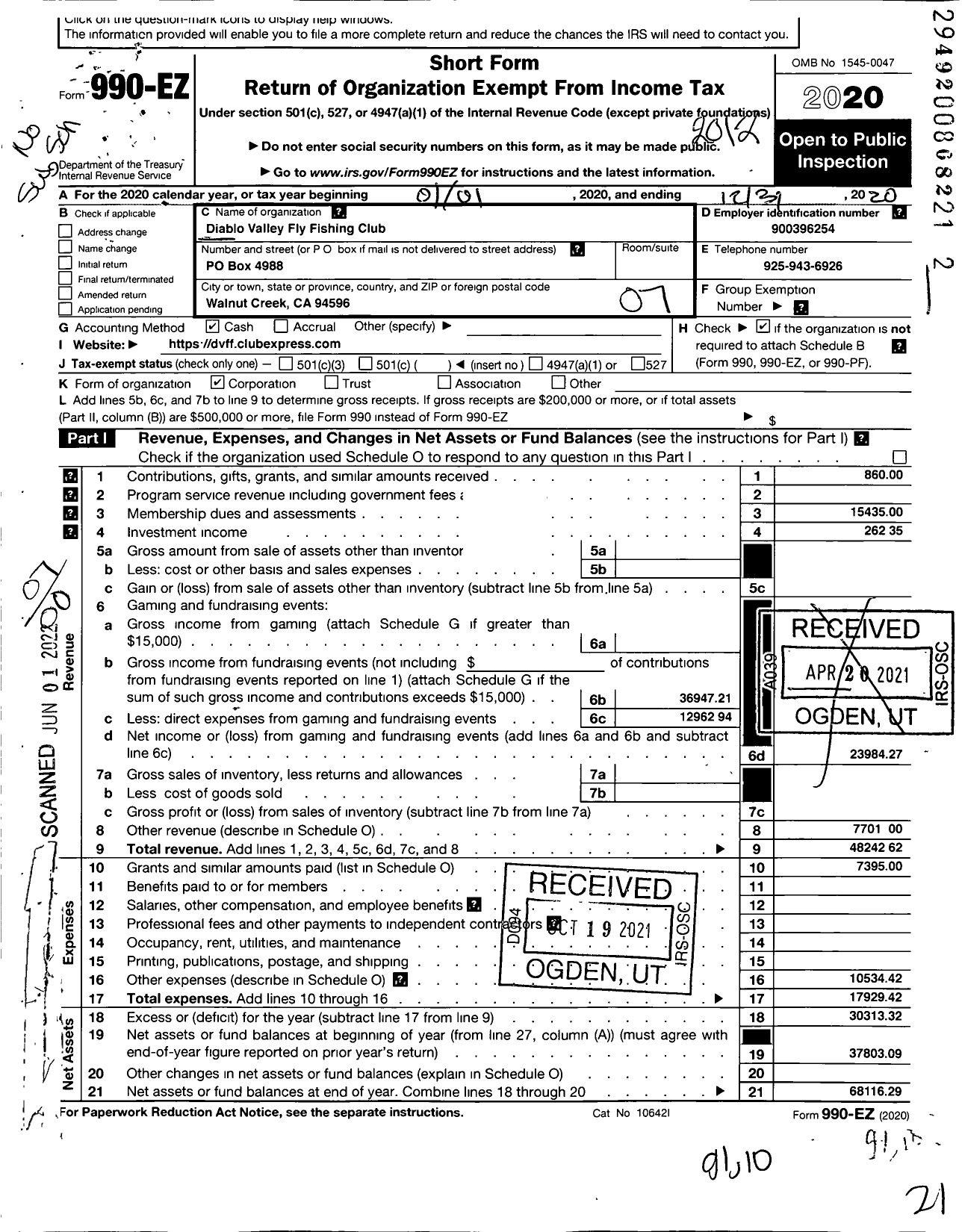 Image of first page of 2020 Form 990EO for Diablo Valley Fly Fishing Club