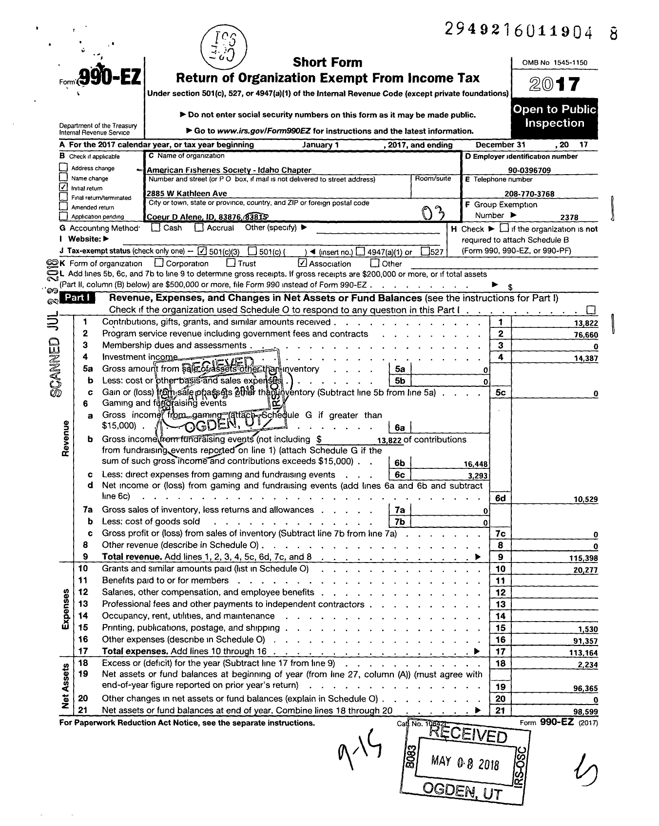 Image of first page of 2017 Form 990EZ for American Fisheries Society / Idaho Chapter