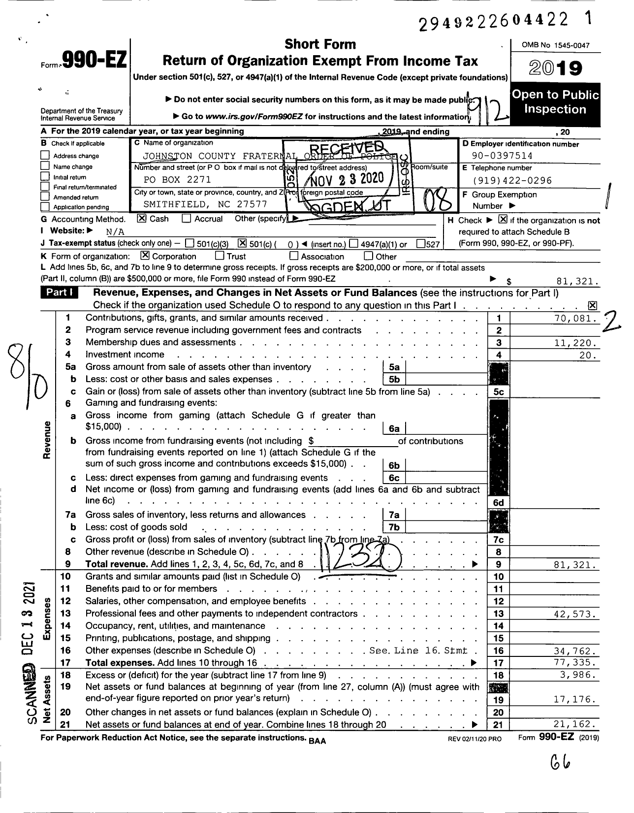 Image of first page of 2019 Form 990EO for Fraternal Order of Police - 88 Johnson County Lodge