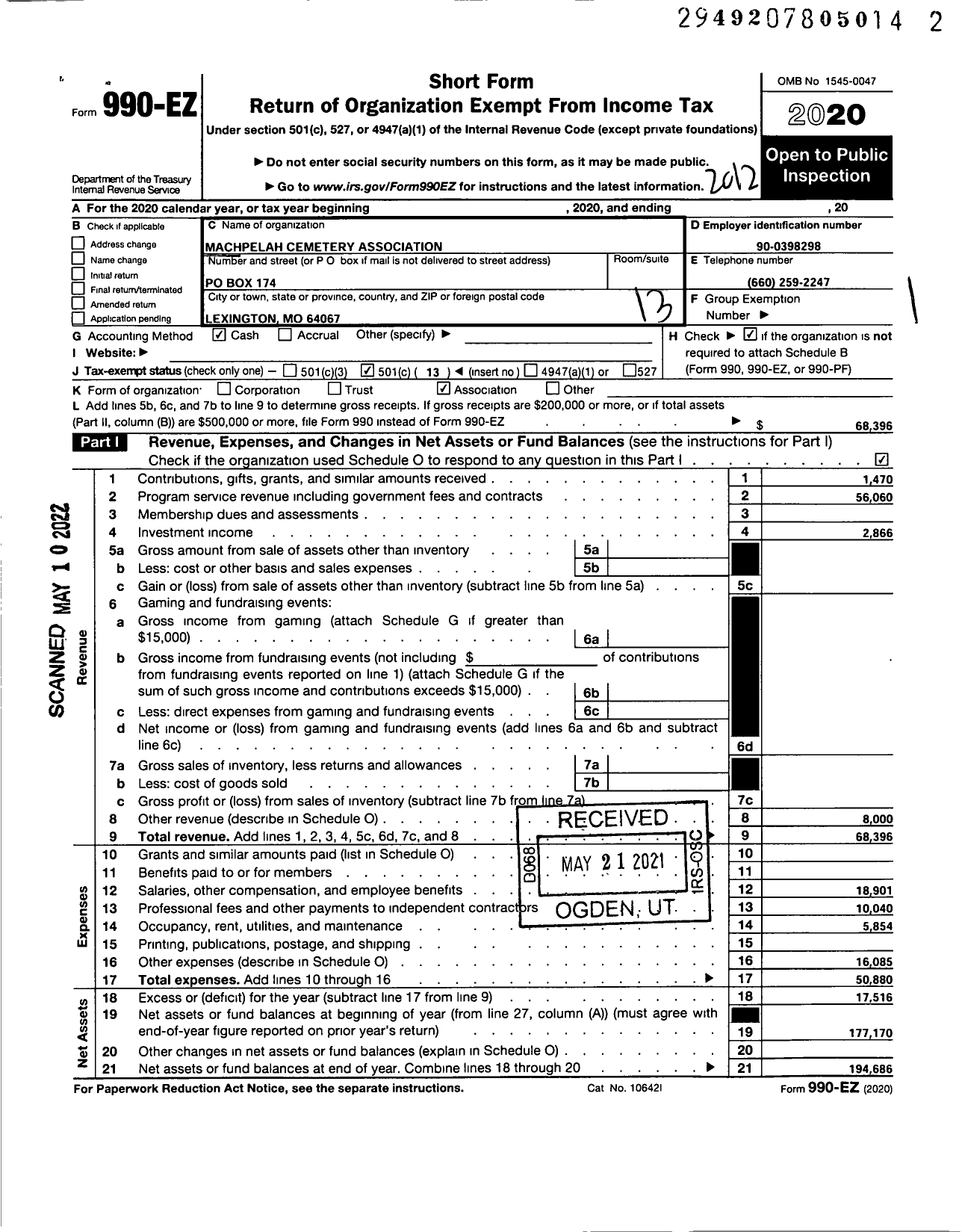 Image of first page of 2020 Form 990EO for Machpelah Cemetery Association