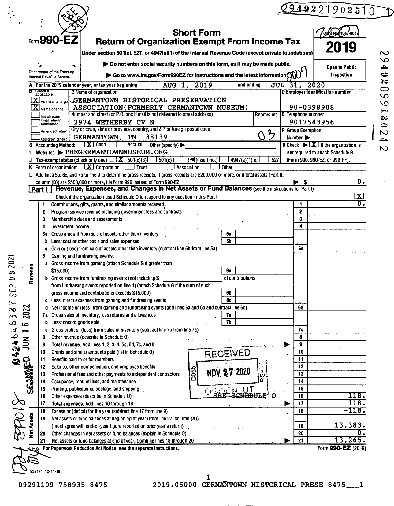 Image of first page of 2019 Form 990EZ for Germantown Historical Preservation Association