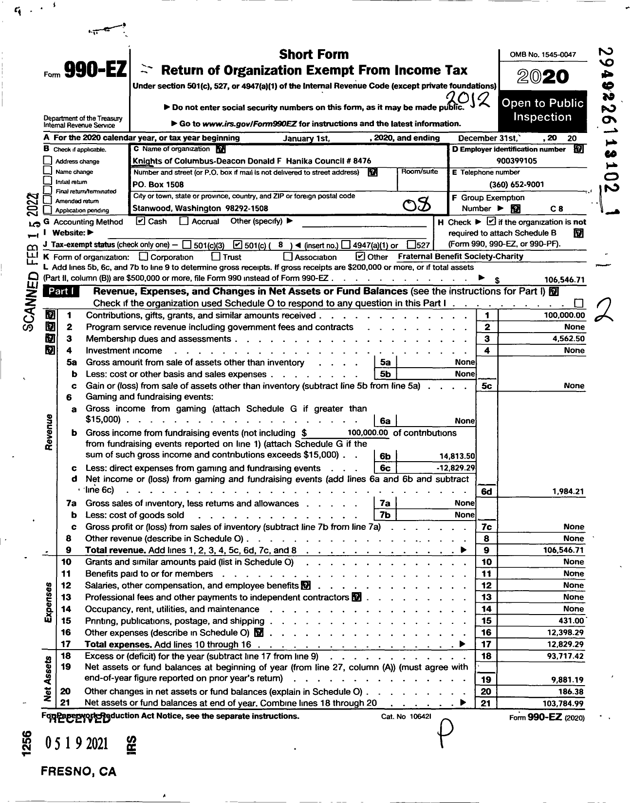 Image of first page of 2020 Form 990EO for Knights of Columbus - 8476 Camano-Stanwood Council