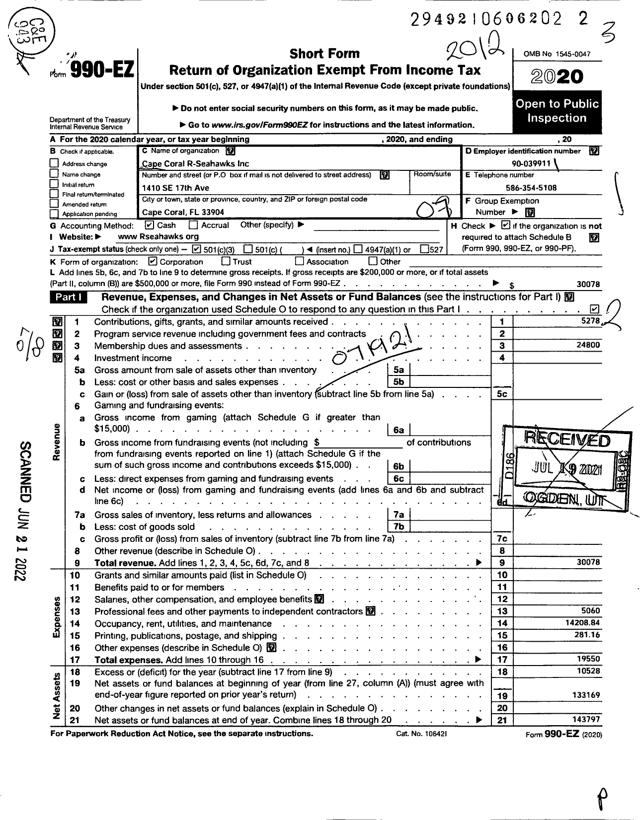 Image of first page of 2020 Form 990EO for Cape Coral Rsea Hawks