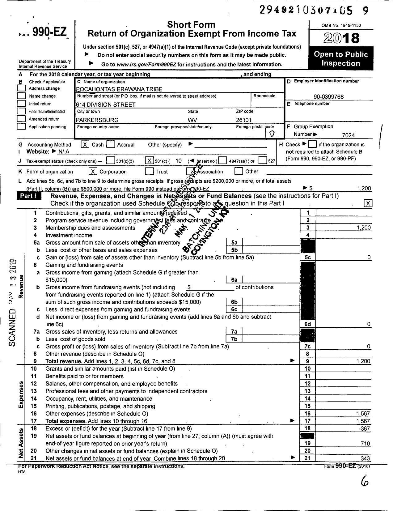 Image of first page of 2018 Form 990EO for Pocahontas Erawana Tribe