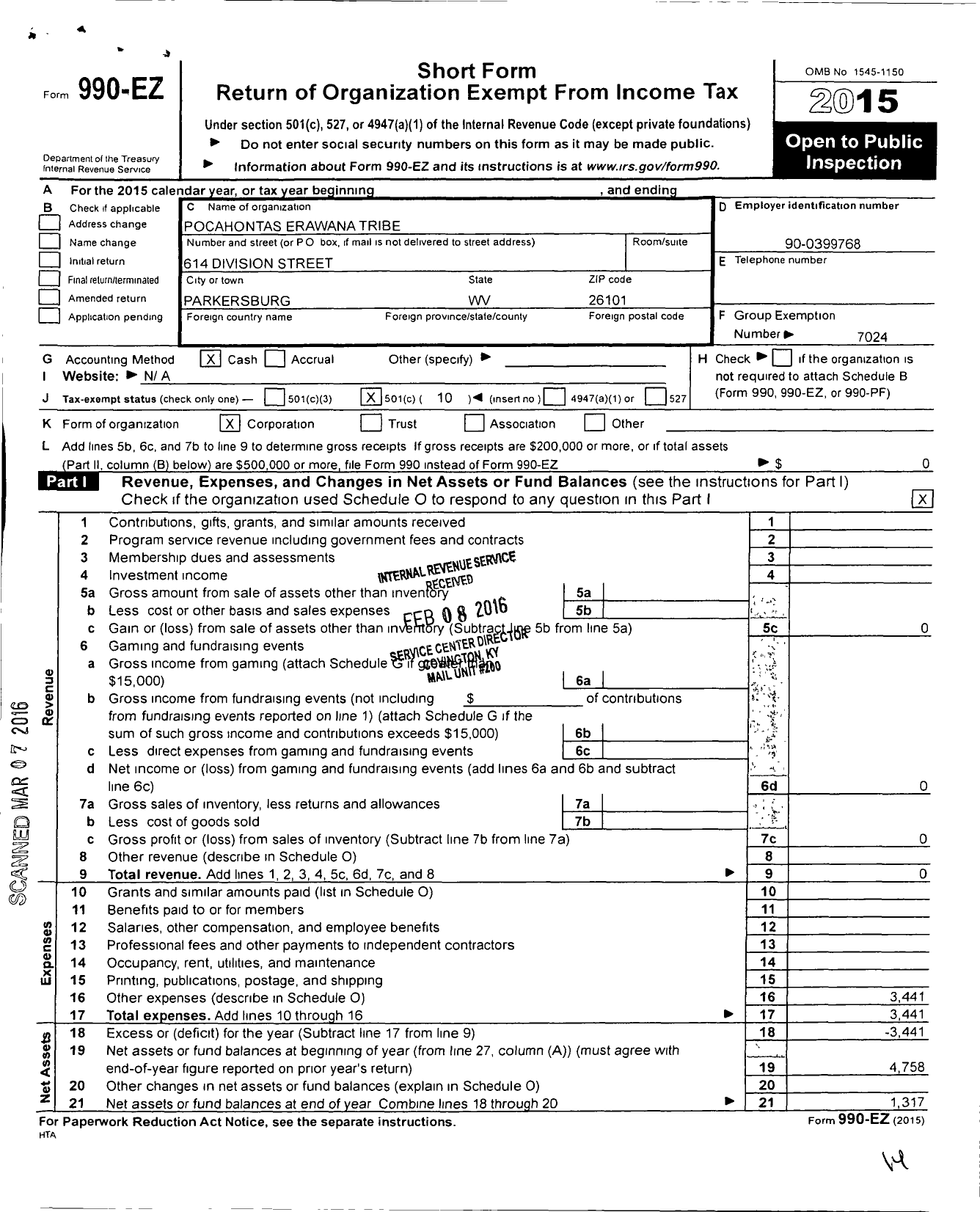 Image of first page of 2015 Form 990EO for Pocahontas Erawana Tribe