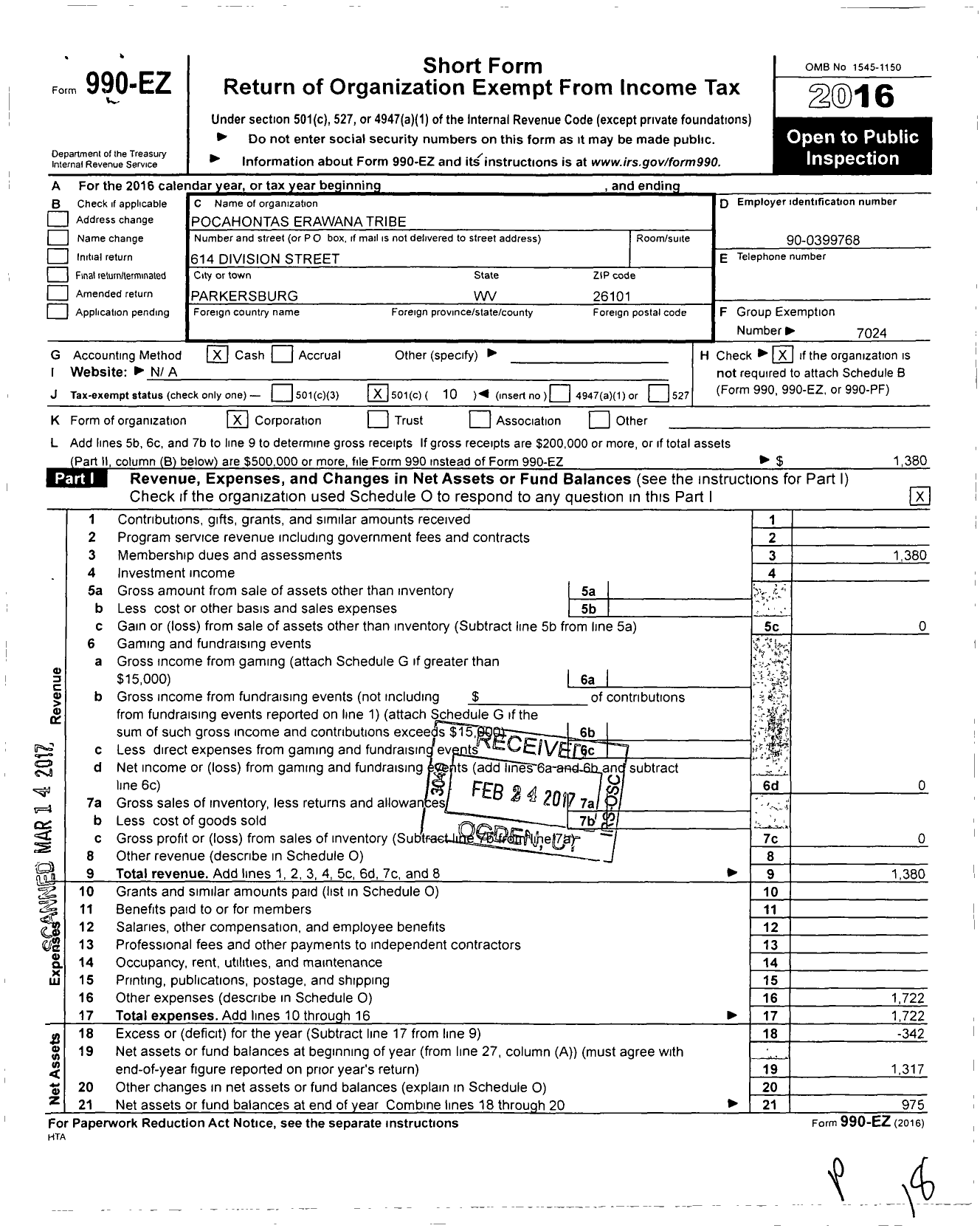 Image of first page of 2016 Form 990EO for Pocahontas Erawana Tribe