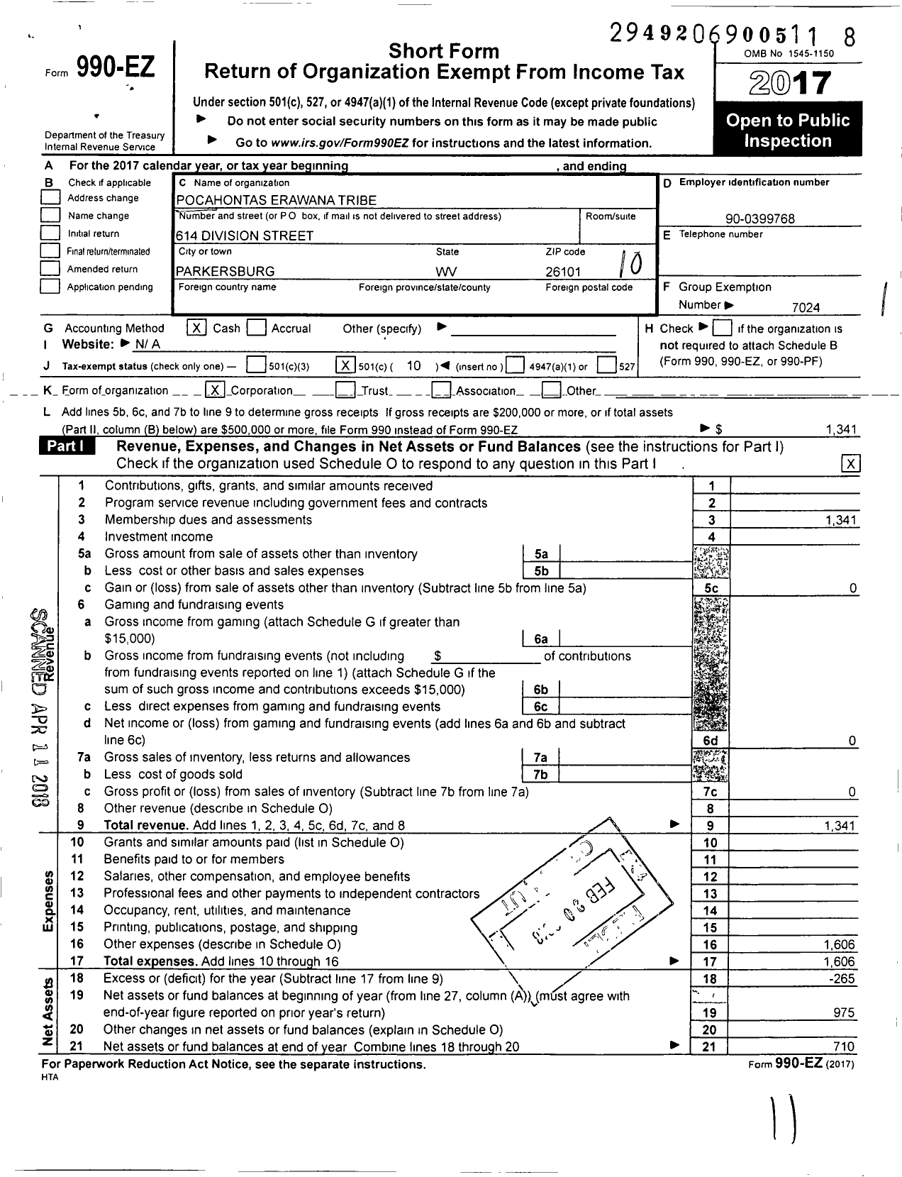 Image of first page of 2017 Form 990EO for Pocahontas Erawana Tribe