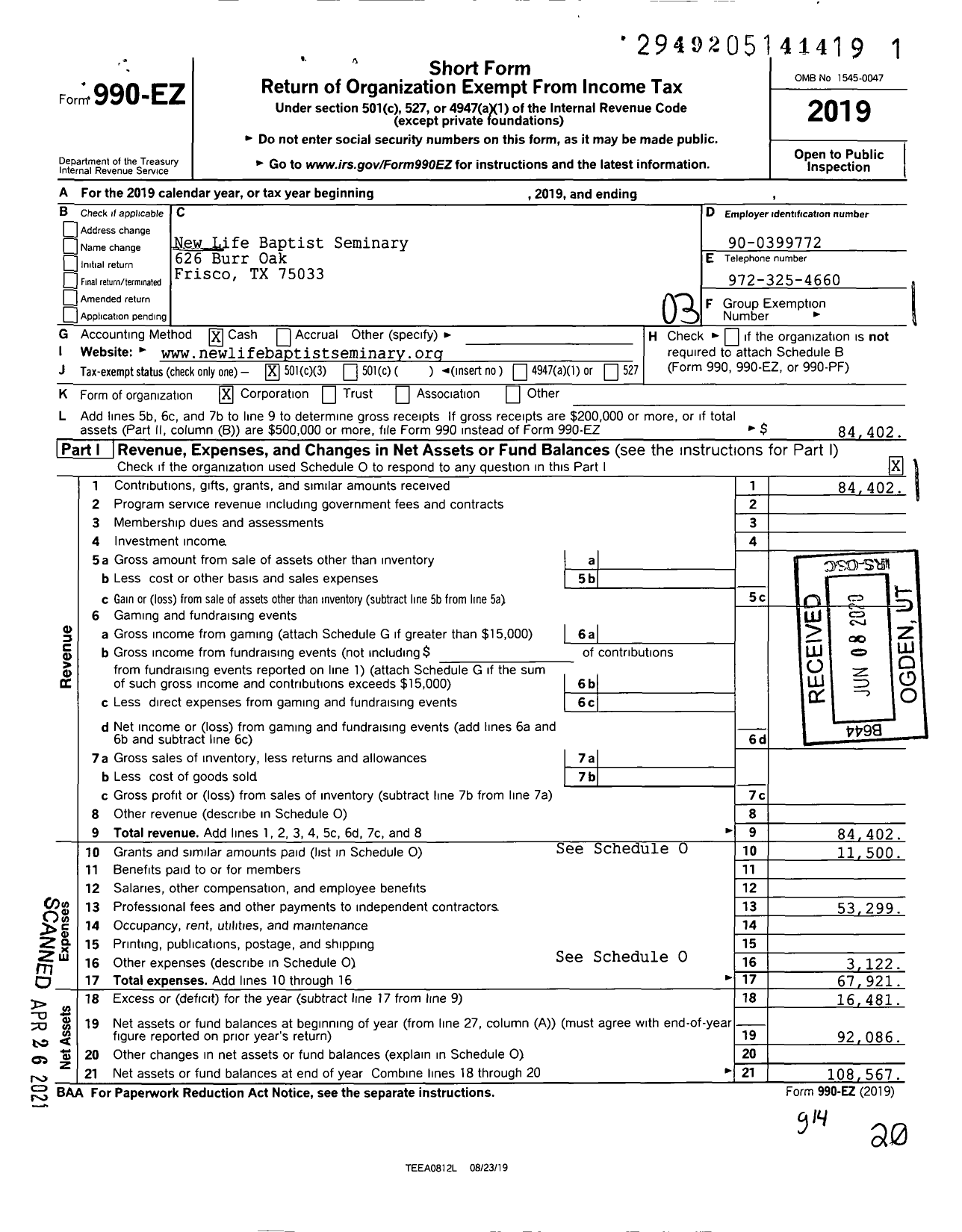 Image of first page of 2019 Form 990EZ for New Life Baptist Seminary