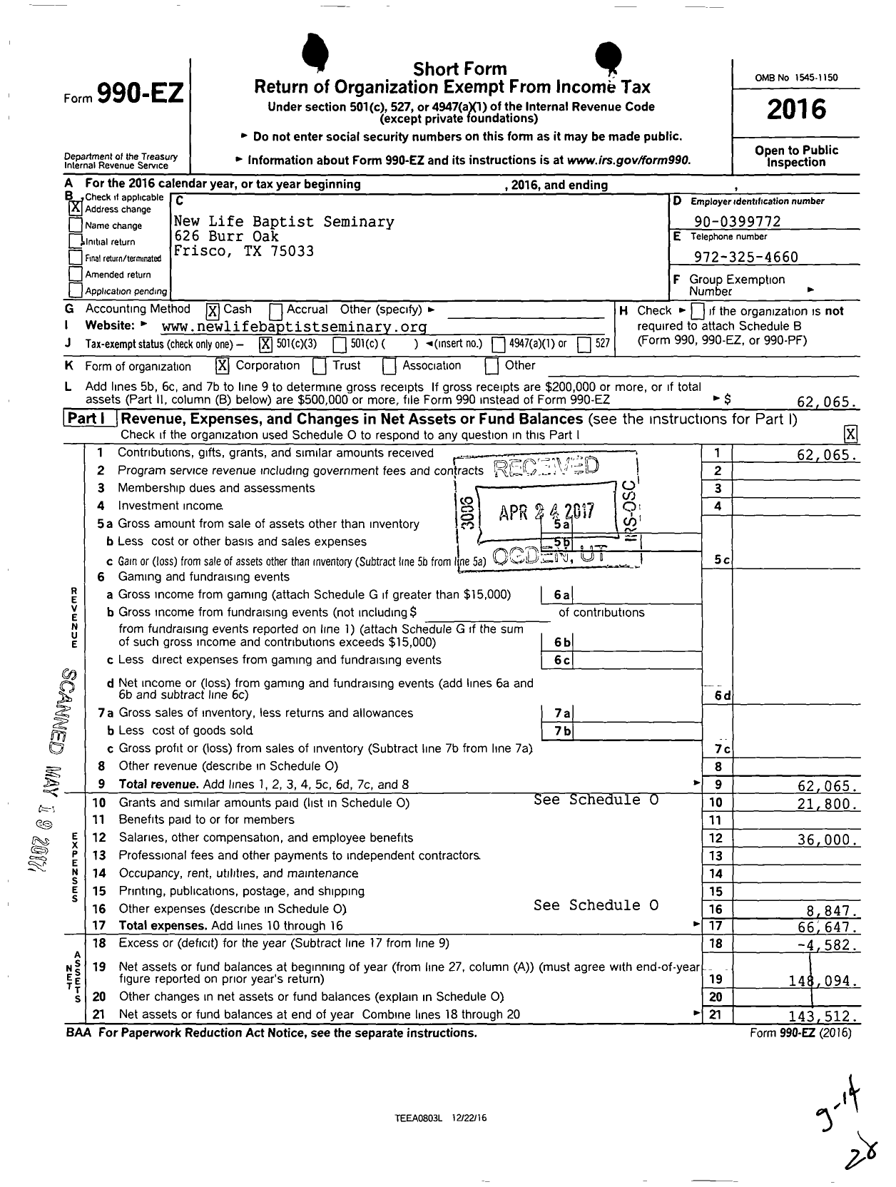 Image of first page of 2016 Form 990EZ for New Life Baptist Seminary