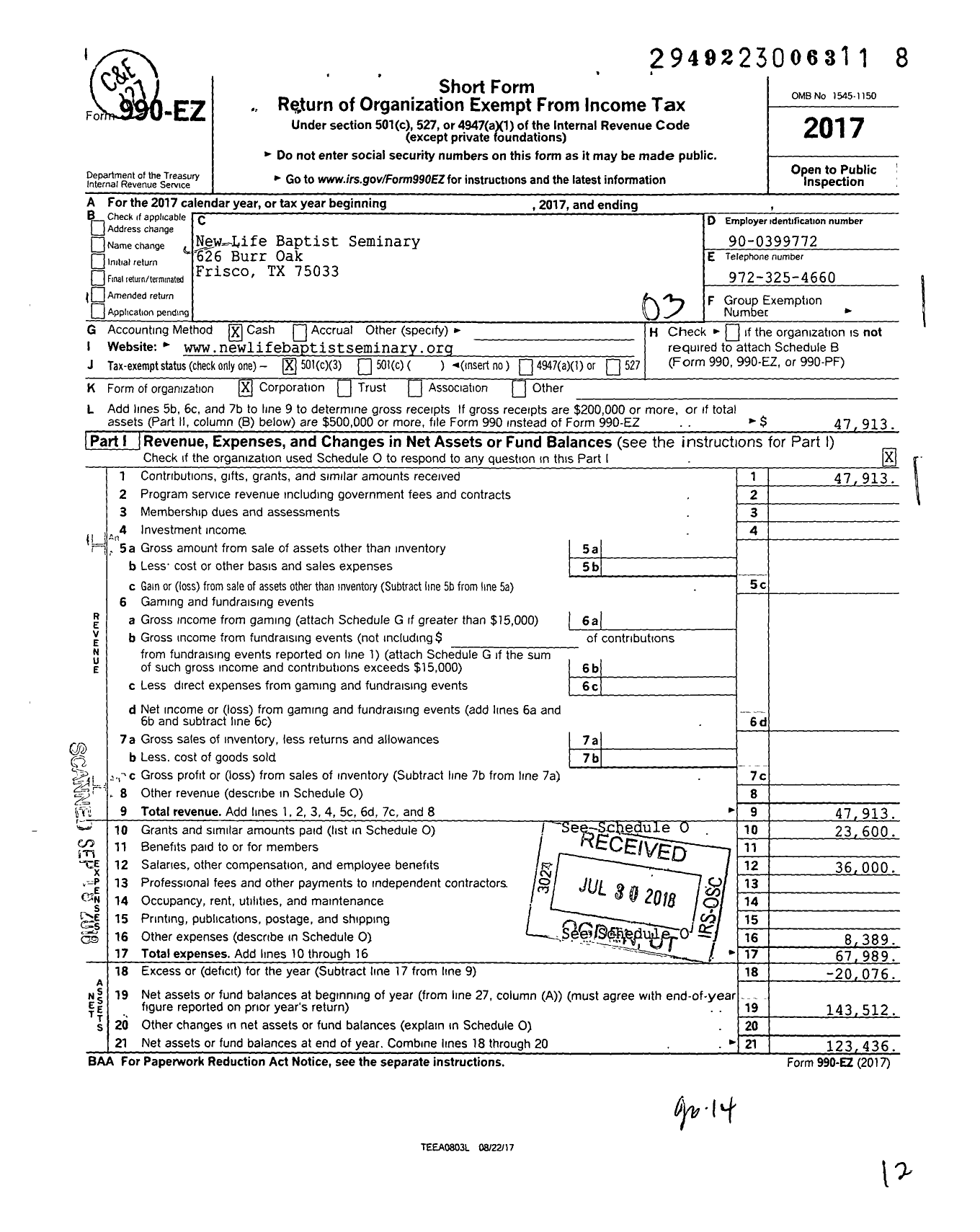 Image of first page of 2017 Form 990EZ for New Life Baptist Seminary