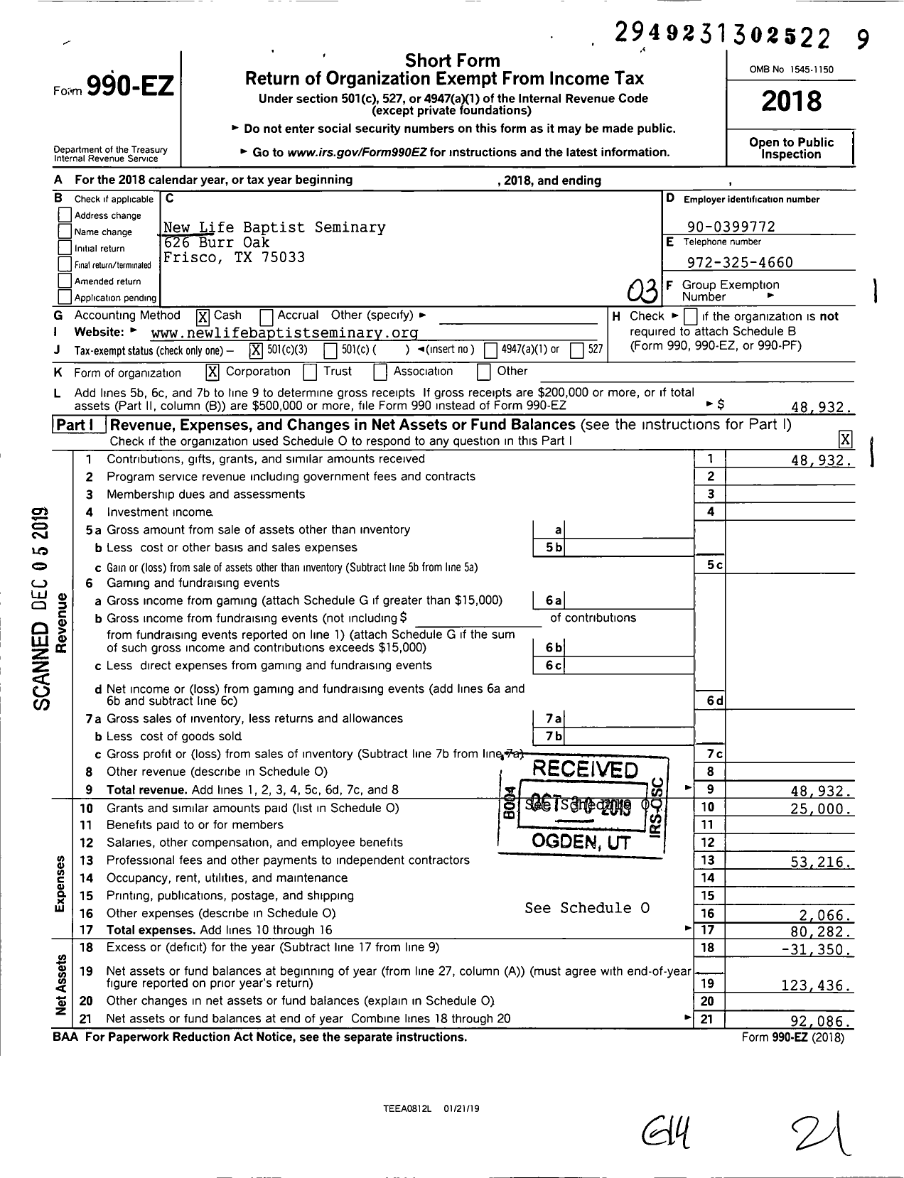 Image of first page of 2018 Form 990EZ for New Life Baptist Seminary