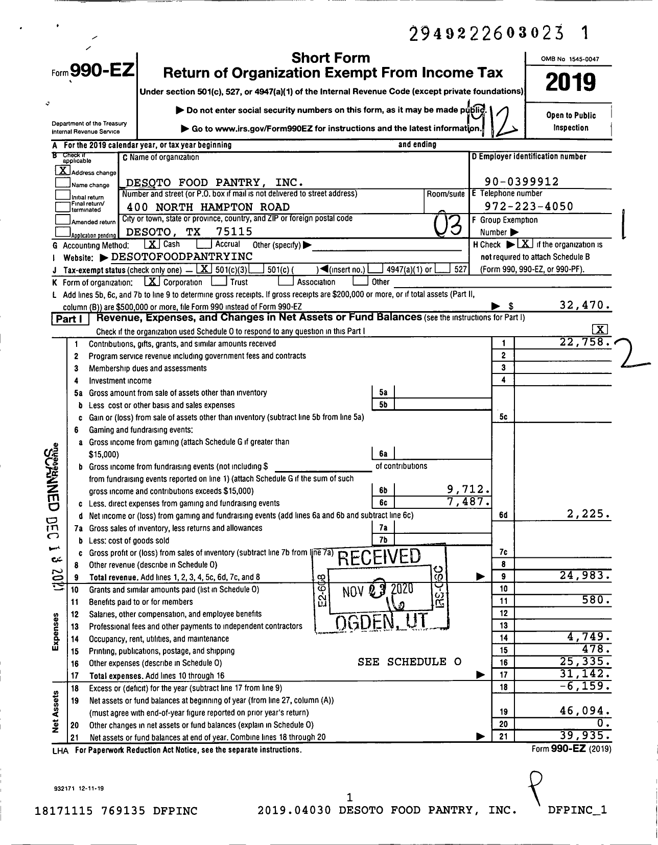 Image of first page of 2019 Form 990EZ for Desoto Food Pantry