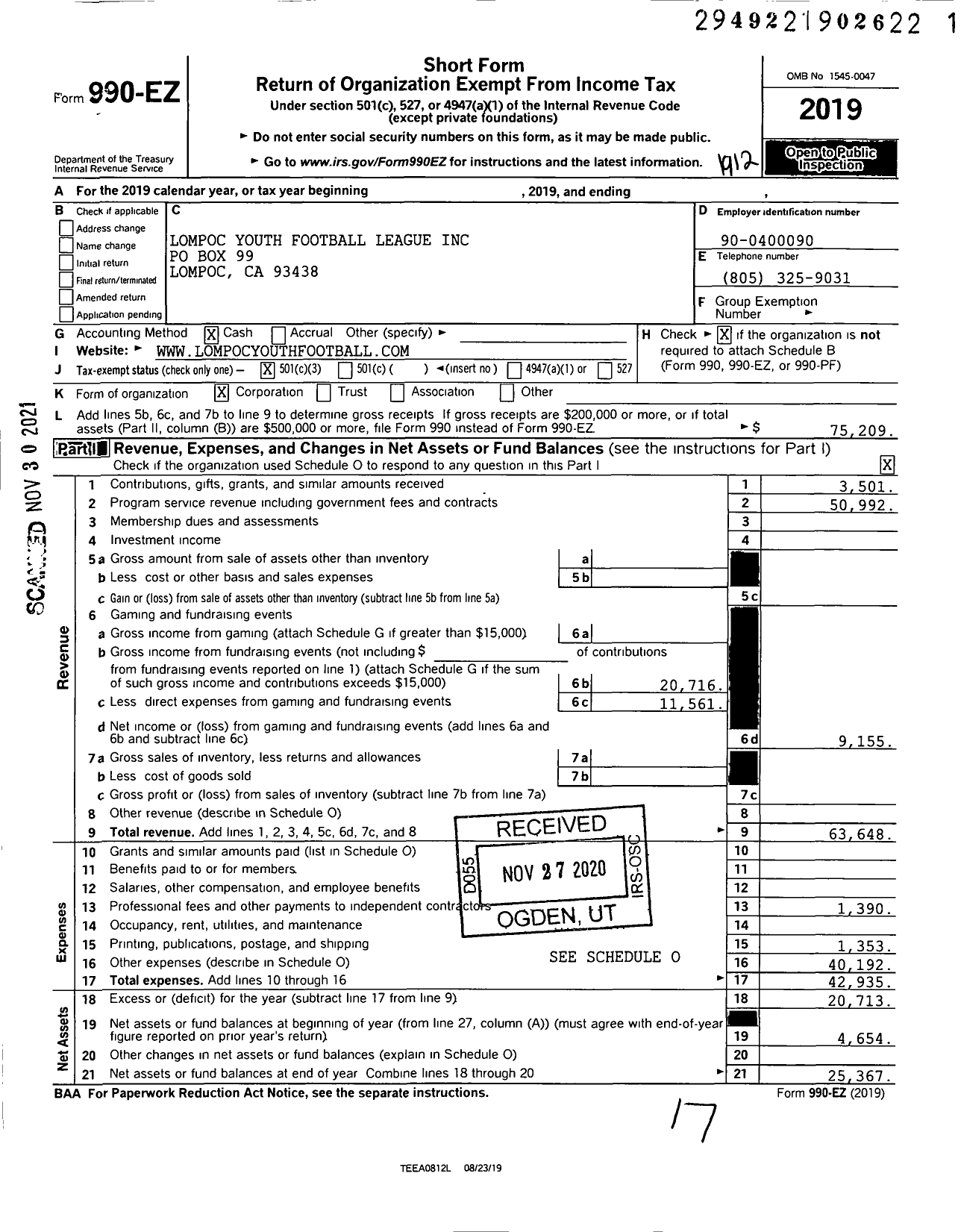 Image of first page of 2019 Form 990EZ for Lompoc Youth Football League