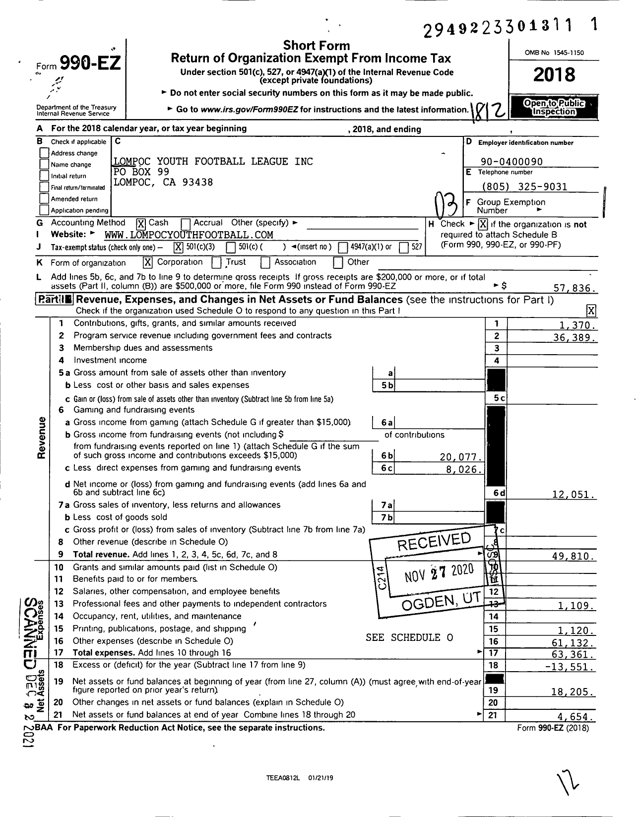 Image of first page of 2018 Form 990EZ for Lompoc Youth Football League