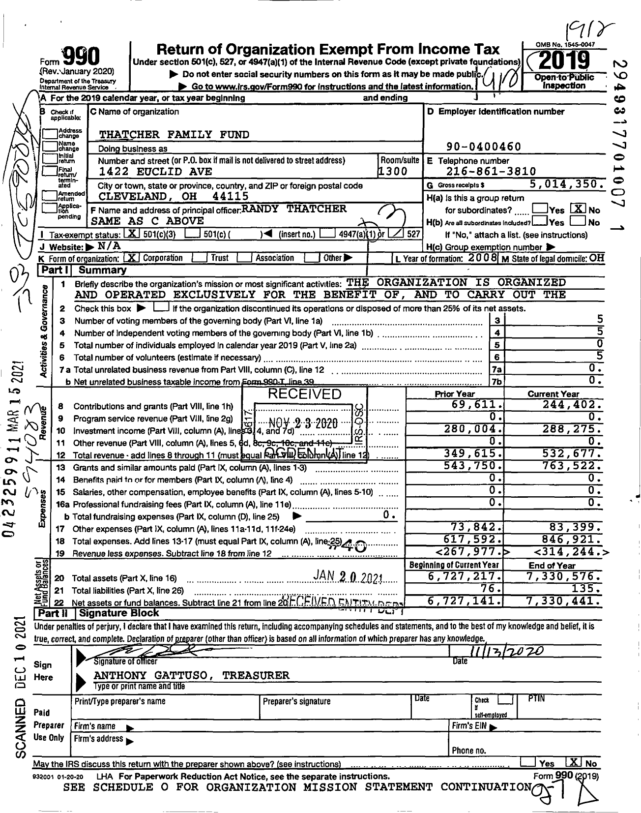 Image of first page of 2019 Form 990 for Thatcher Family Fund