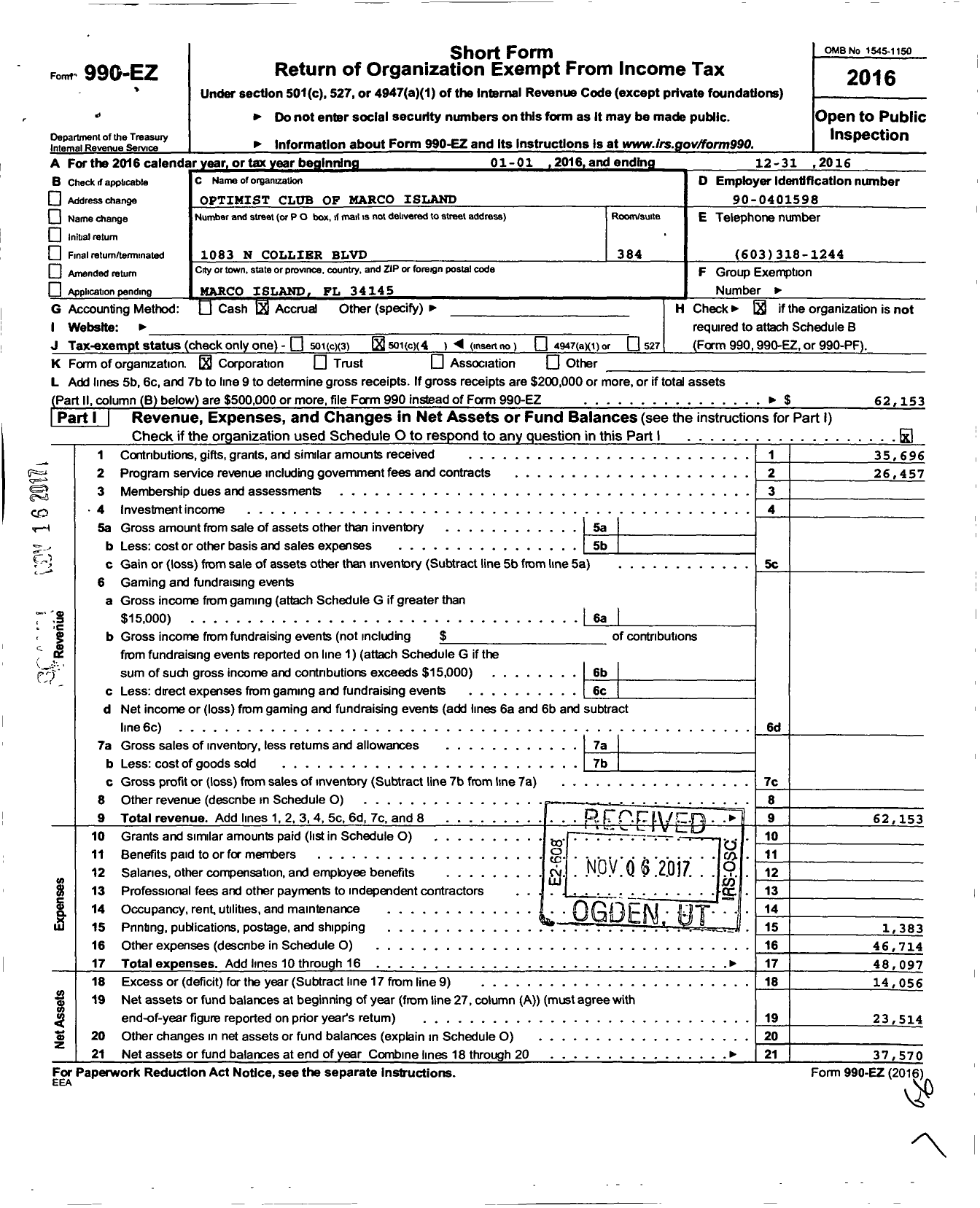 Image of first page of 2016 Form 990EO for Optimist International - 61995 Oc of Marco Island Florida