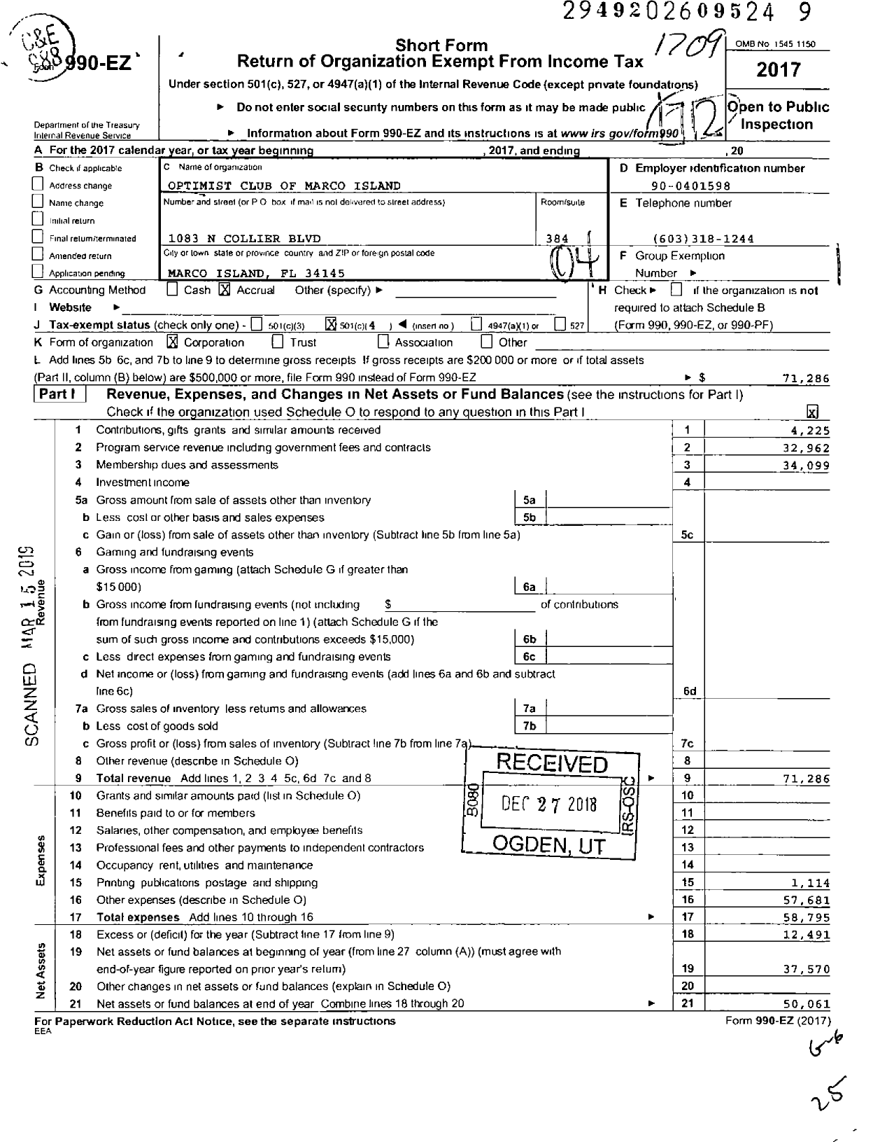 Image of first page of 2016 Form 990EO for Optimist International - 61995 Oc of Marco Island Florida