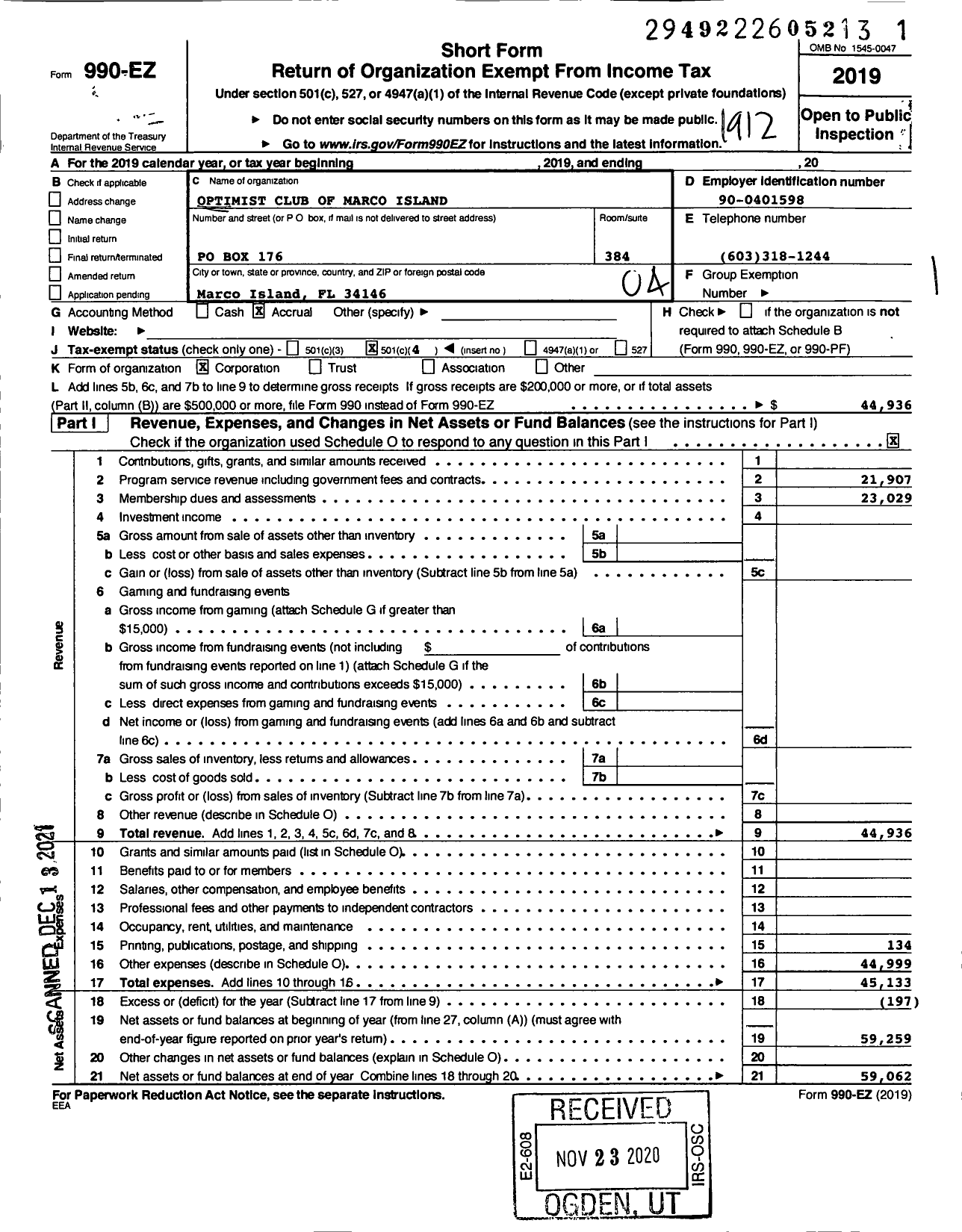 Image of first page of 2019 Form 990EO for Optimist International - 61995 Oc of Marco Island Florida