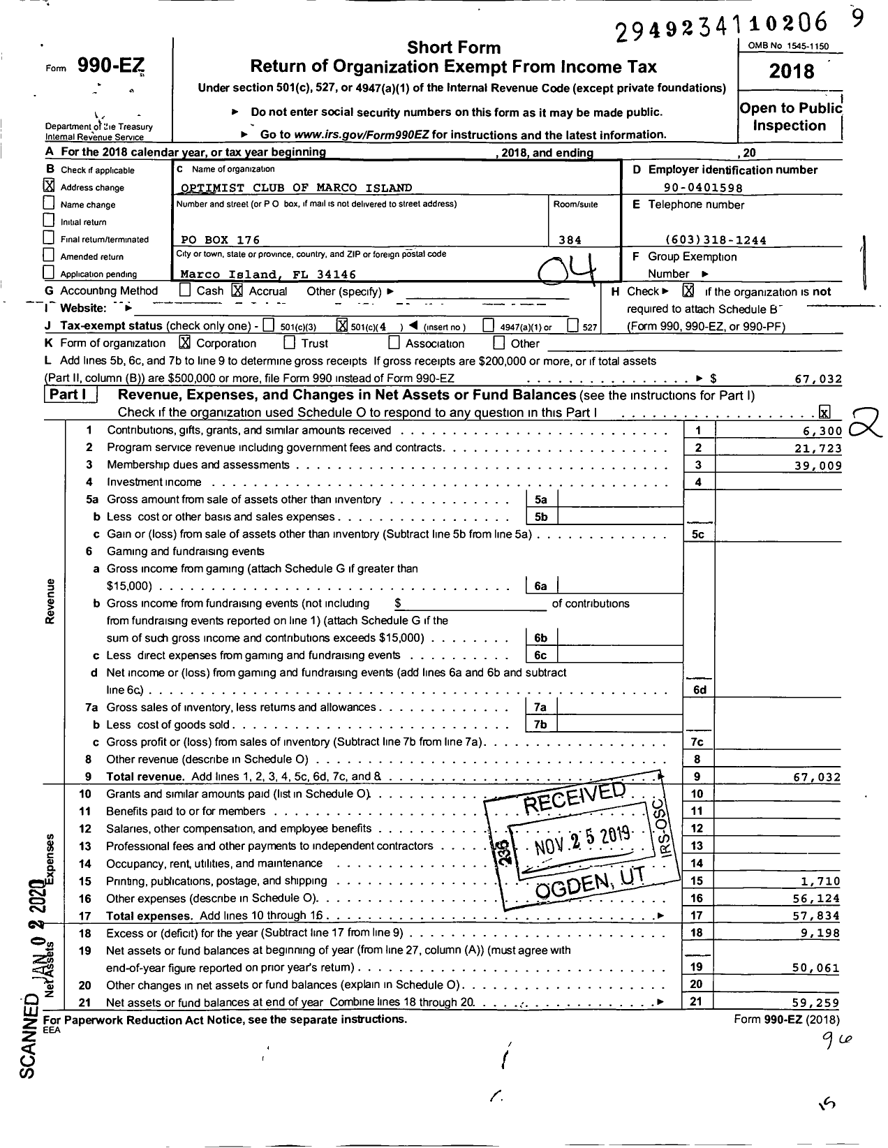 Image of first page of 2018 Form 990EO for Optimist International - 61995 Oc of Marco Island Florida